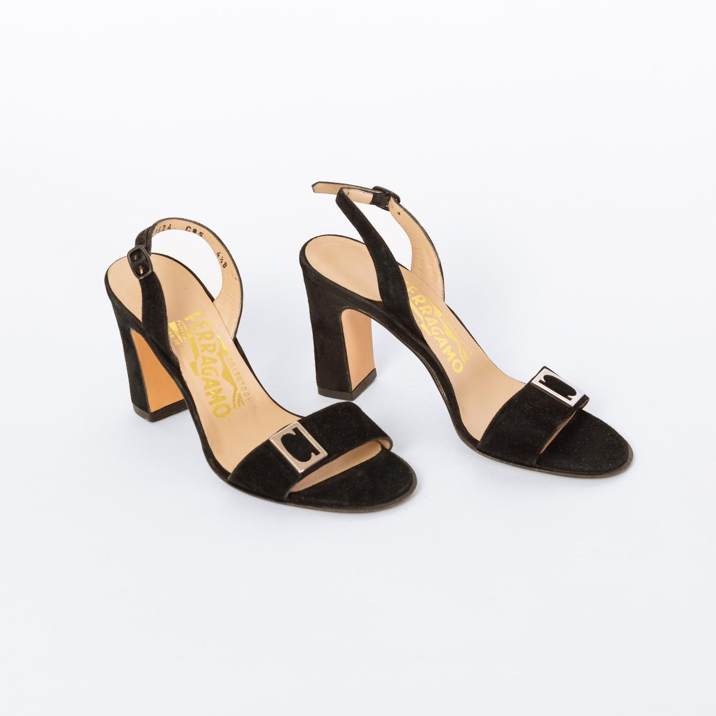 Vintage Ferragamo 90s Black Suede Buckle Strap Heels - Size 4.5 | Designer Open Toe Pumps