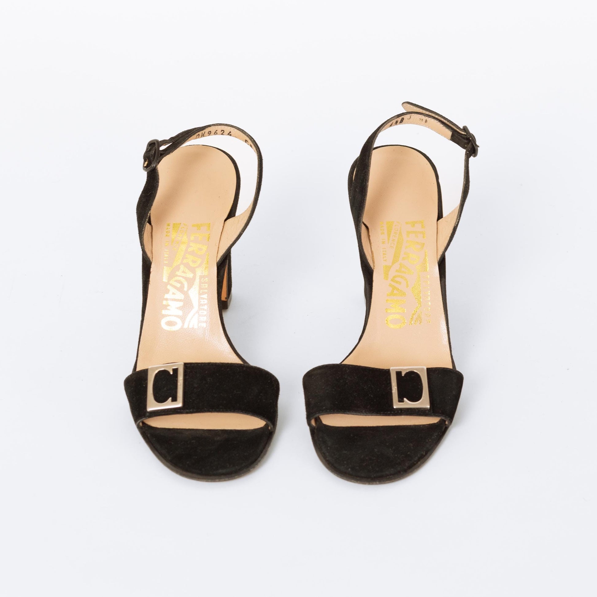 Vintage Ferragamo 90s Black Suede Buckle Strap Heels - Size 4.5 | Designer Open Toe Pumps
