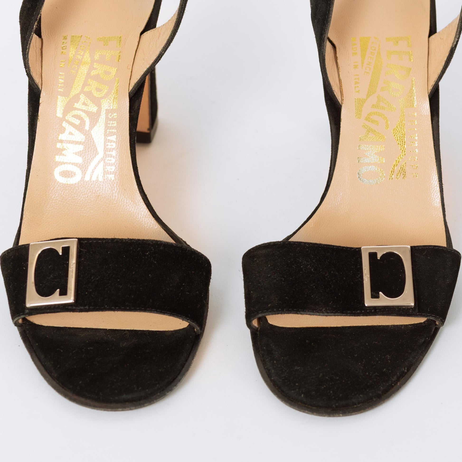 Vintage Ferragamo 90s Black Suede Buckle Strap Heels - Size 4.5 | Designer Open Toe Pumps