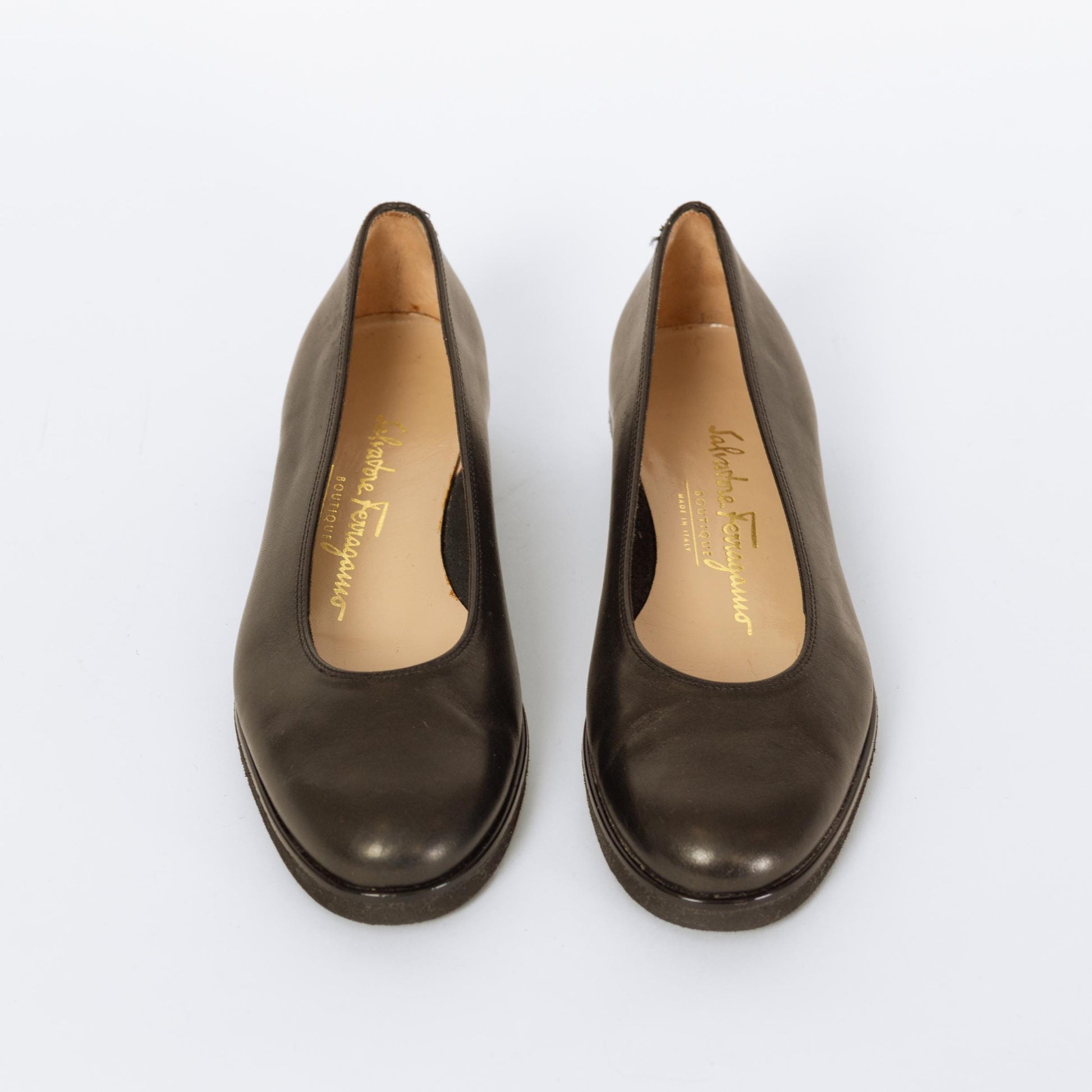 Vintage Ferragamo 90s Black Leather Ballet Flats - Size 5 | Designer Rounded Toe Low Wedge Heel Pumps