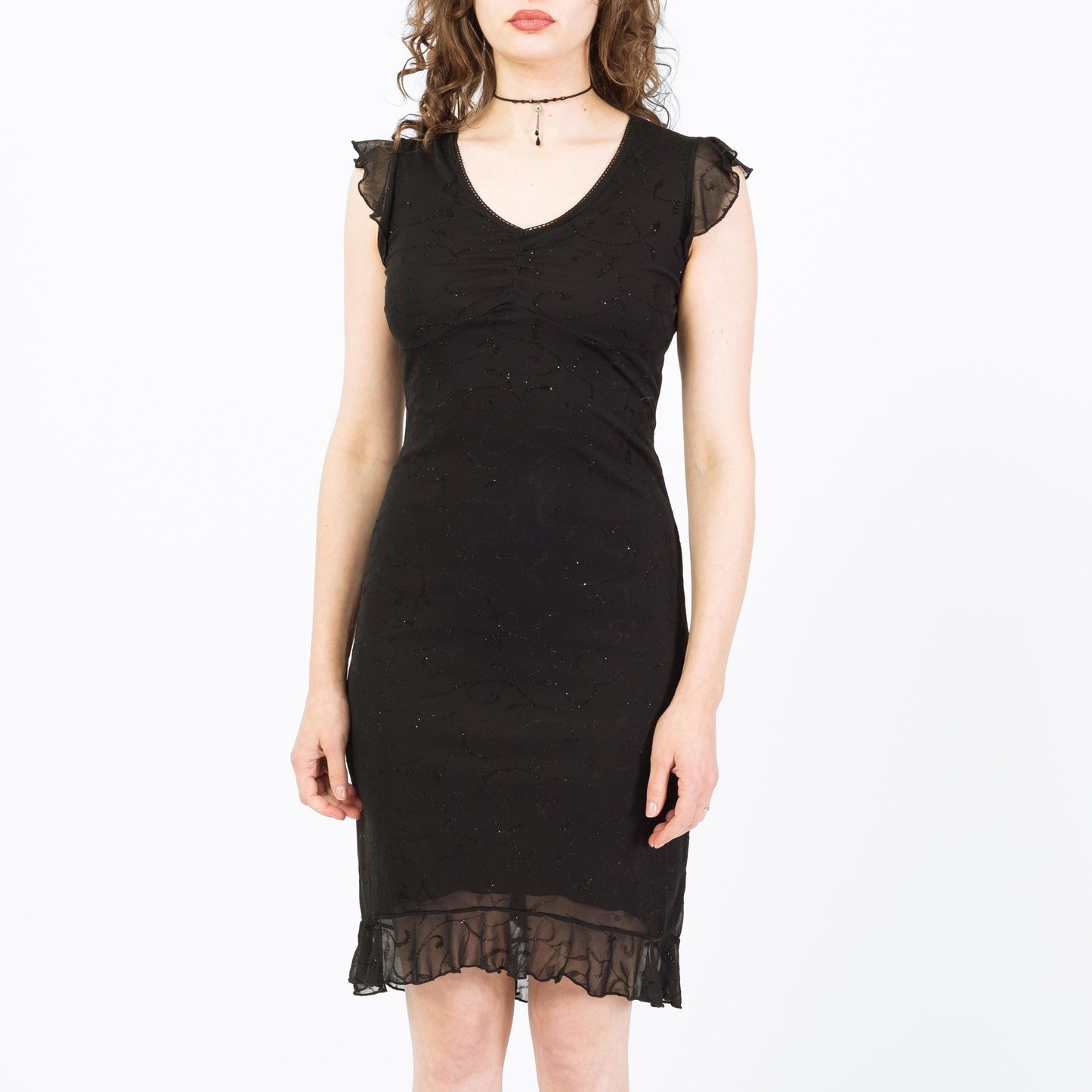 Vintage 90s Black Flocked Sparkle Party Dress - Small | Flutter Sleeve High Low Mini Dress