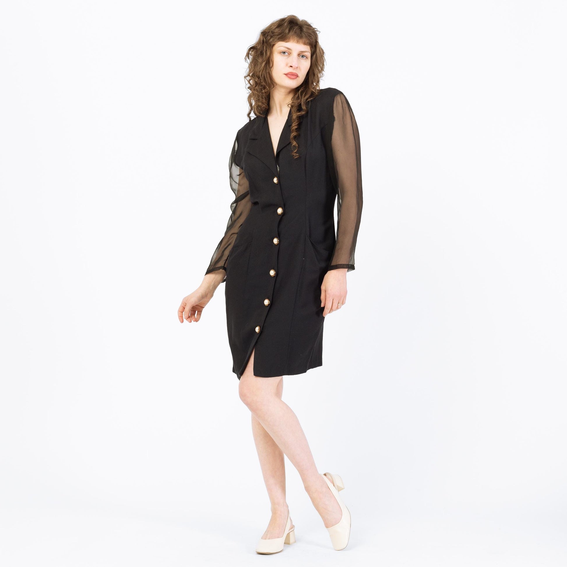 Vintage 80s Black Sheer Sleeve Keyhole Back Mini Dress