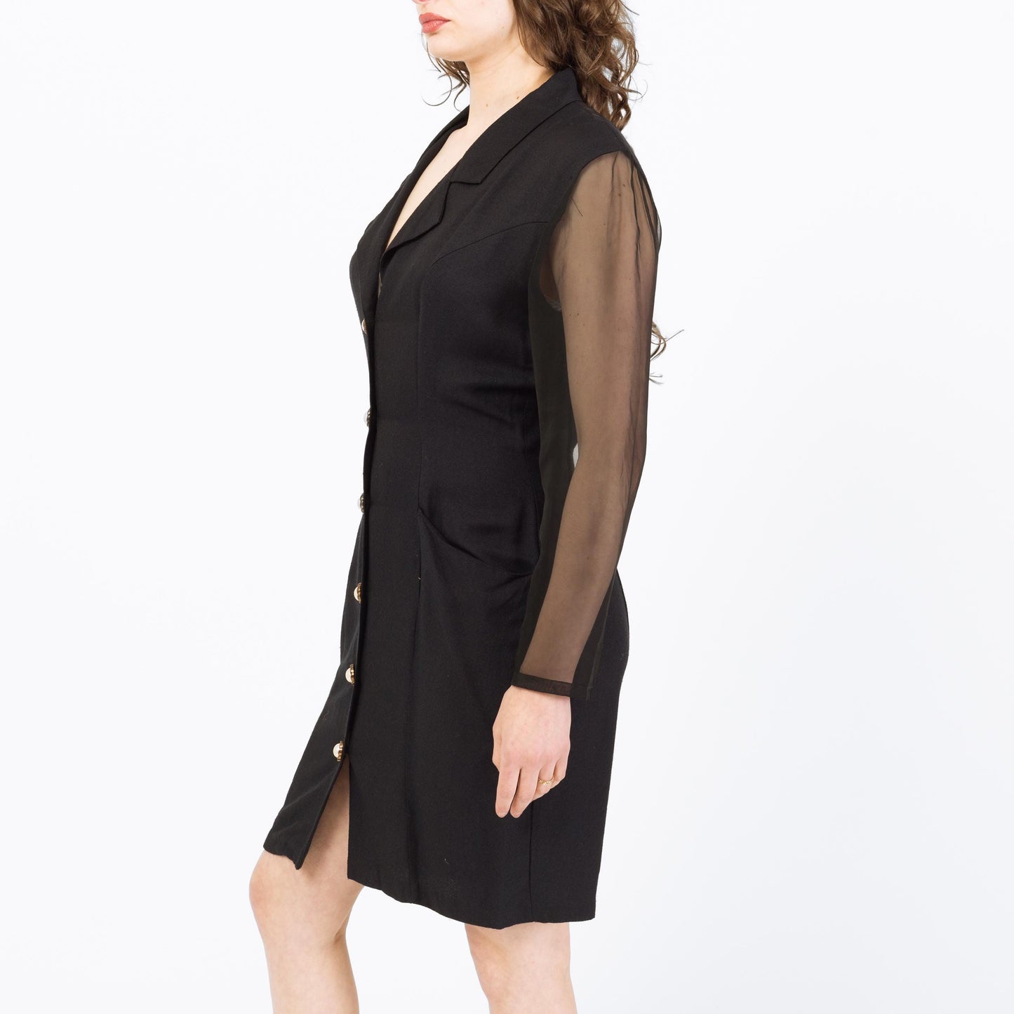 Vintage 80s Black Sheer Sleeve Keyhole Back Mini Dress - Medium | Power Suit Secretary Dress