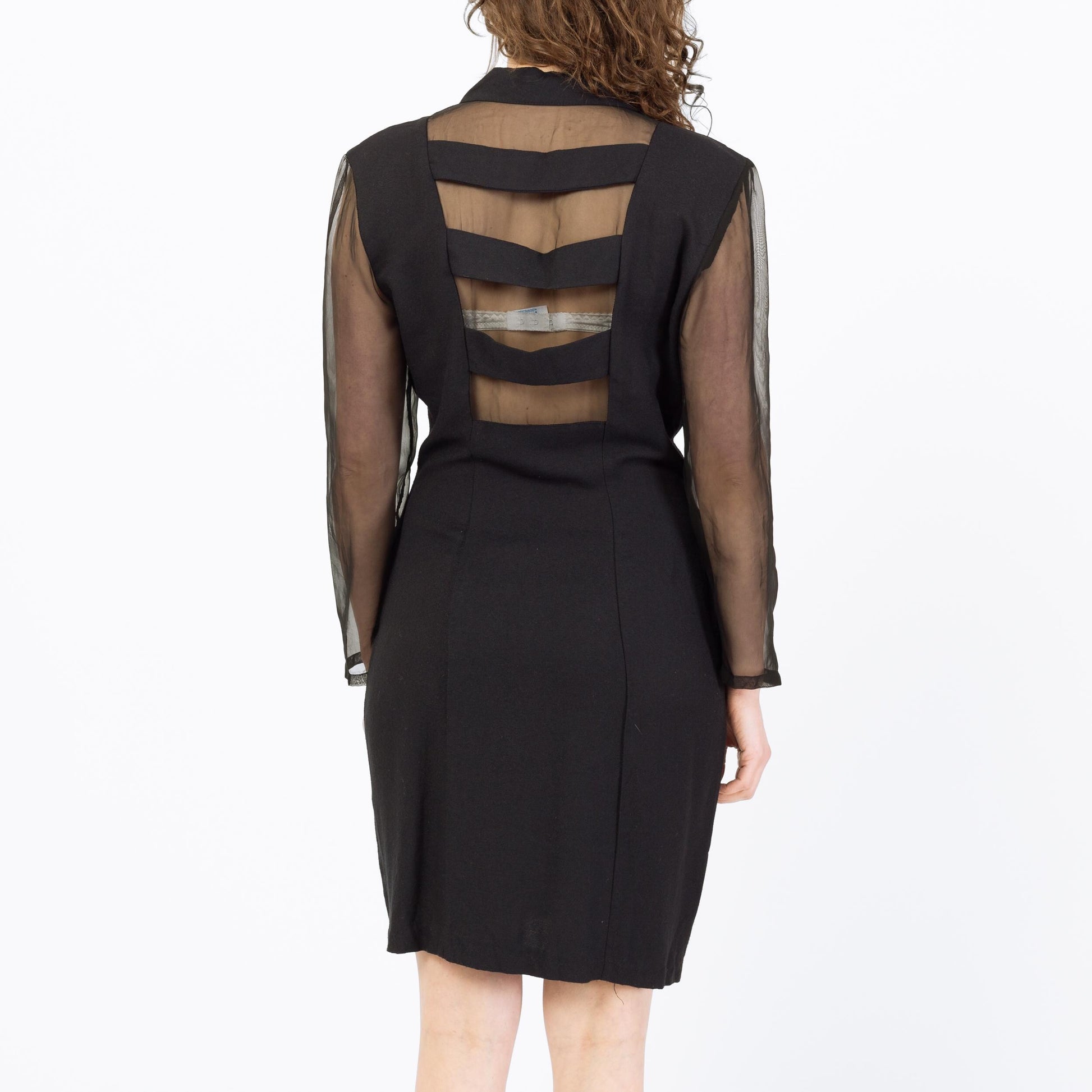 Vintage 80s Black Sheer Sleeve Keyhole Back Mini Dress - Medium | Power Suit Secretary Dress
