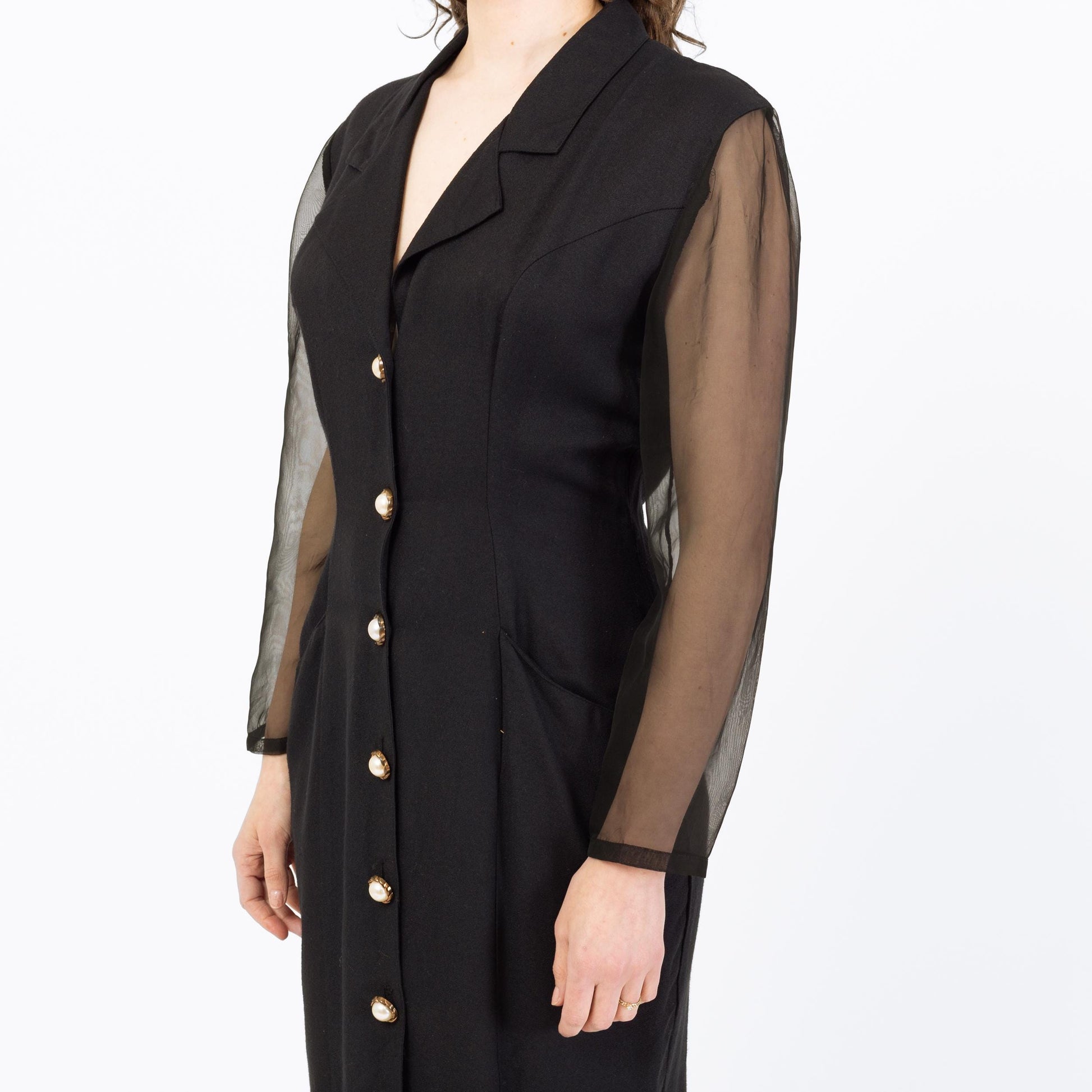 Vintage 80s Black Sheer Sleeve Keyhole Back Mini Dress - Medium | Power Suit Secretary Dress
