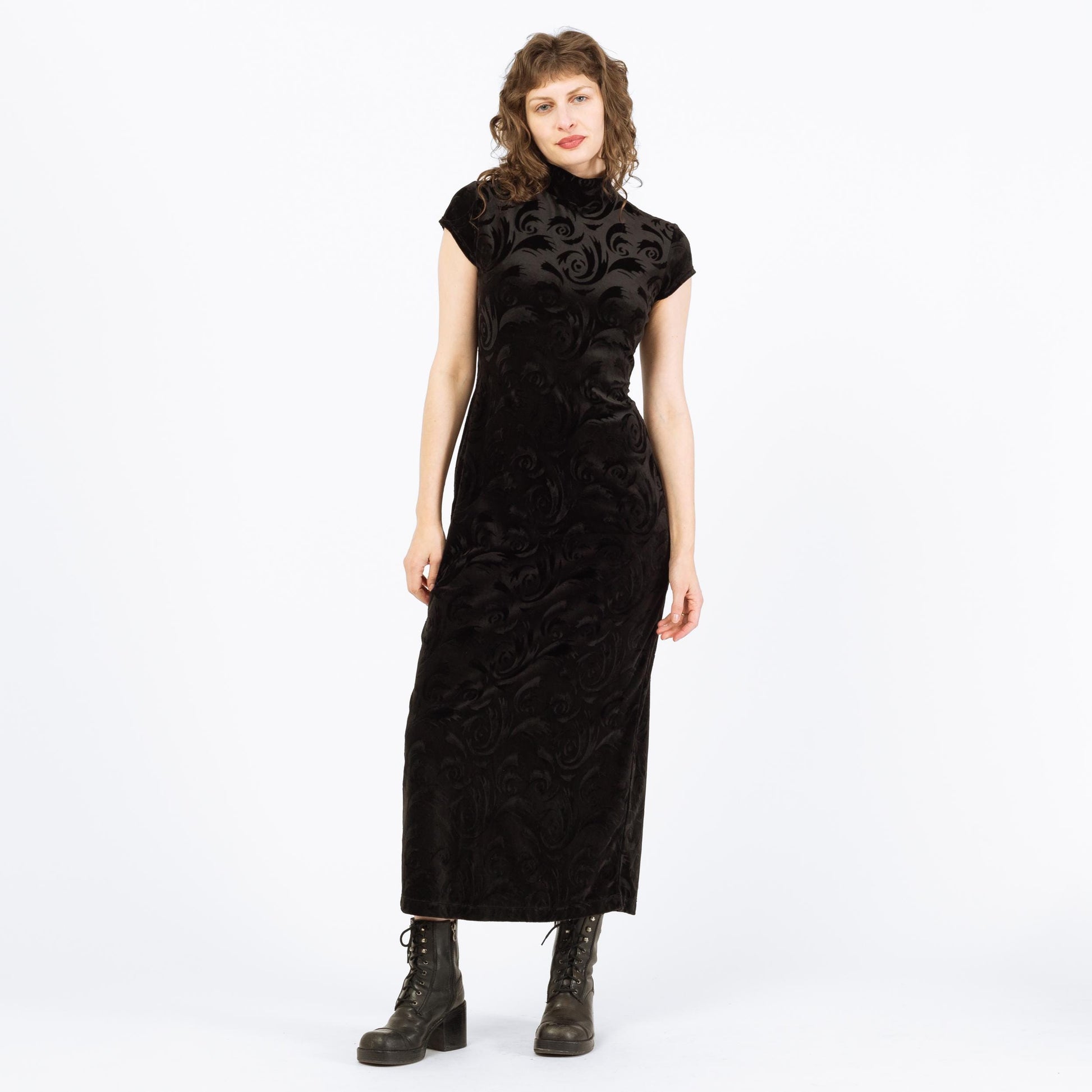 Vintage 90s Black Velvet Hurricane Swirl Maxi Dress - Medium | Gothic Mockneck Short Sleeve Formal Dress