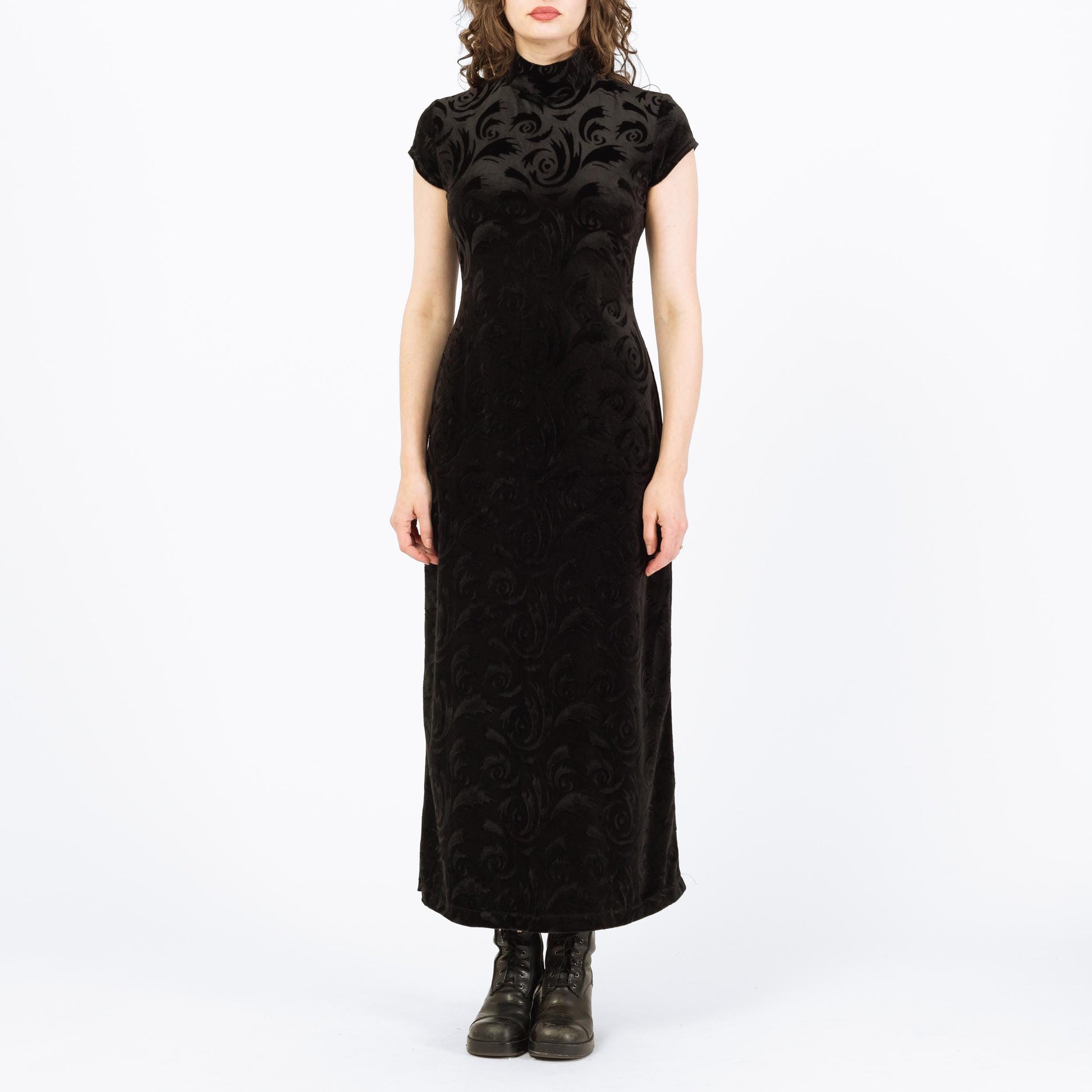 Vintage 90s Black Velvet Hurricane Swirl Maxi Dress - Medium | Gothic Mockneck Short Sleeve Formal Dress