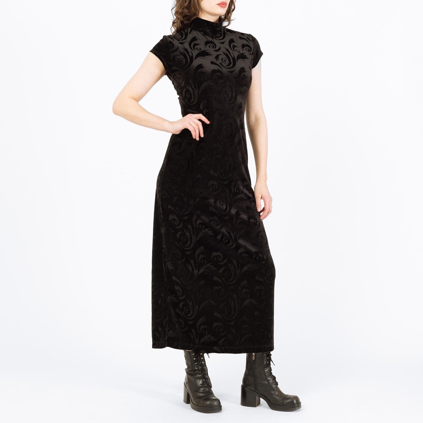 Vintage 90s Black Velvet Hurricane Swirl Maxi Dress - Medium | Gothic Mockneck Short Sleeve Formal Dress