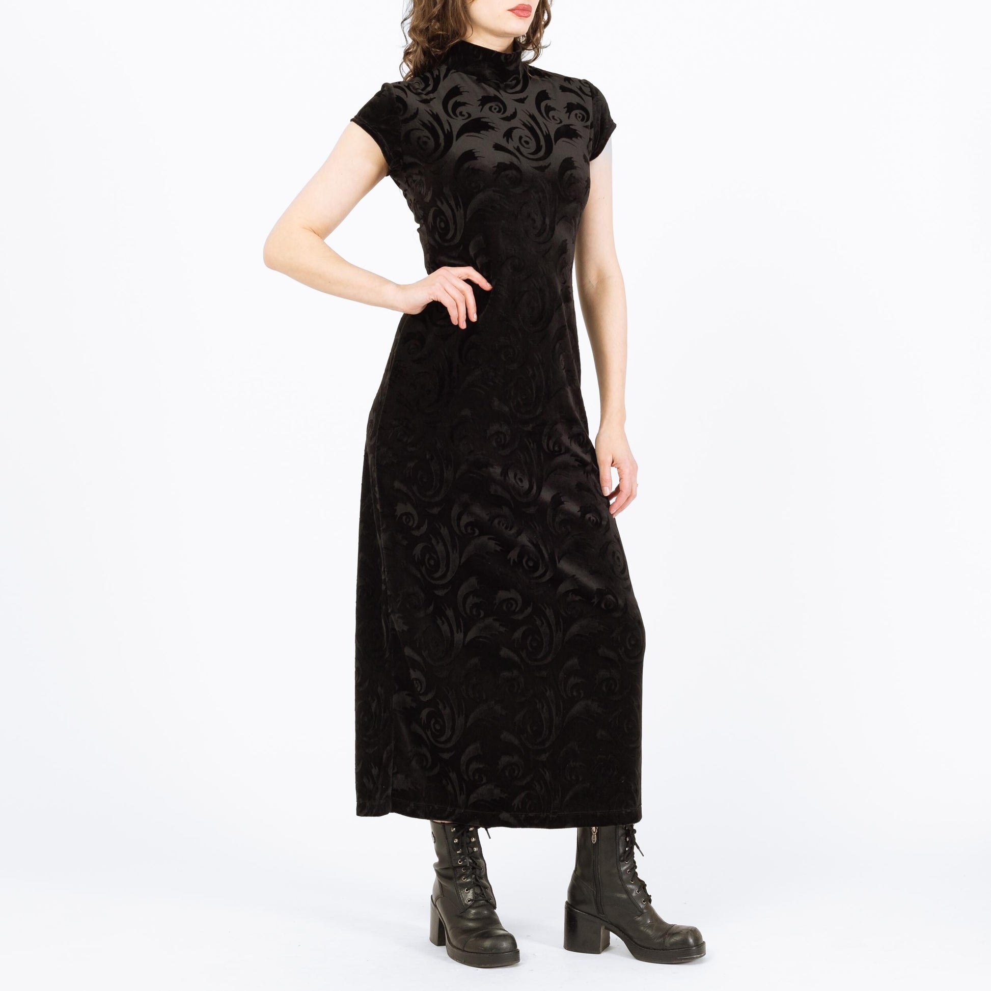 Vintage 90s Black Velvet Hurricane Swirl Maxi Dress - Medium | Gothic Mockneck Short Sleeve Formal Dress
