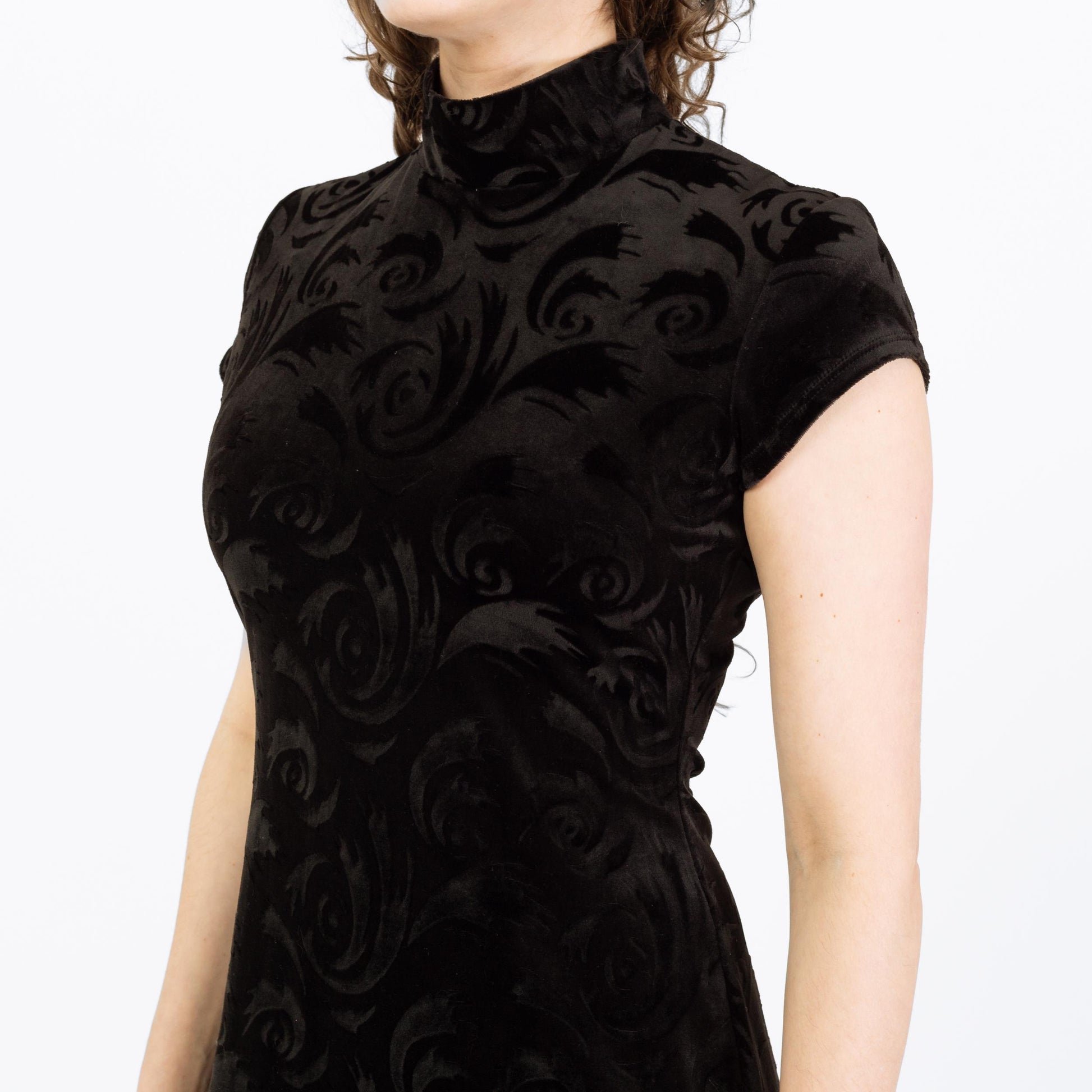 Vintage 90s Black Velvet Hurricane Swirl Maxi Dress - Medium | Gothic Mockneck Short Sleeve Formal Dress