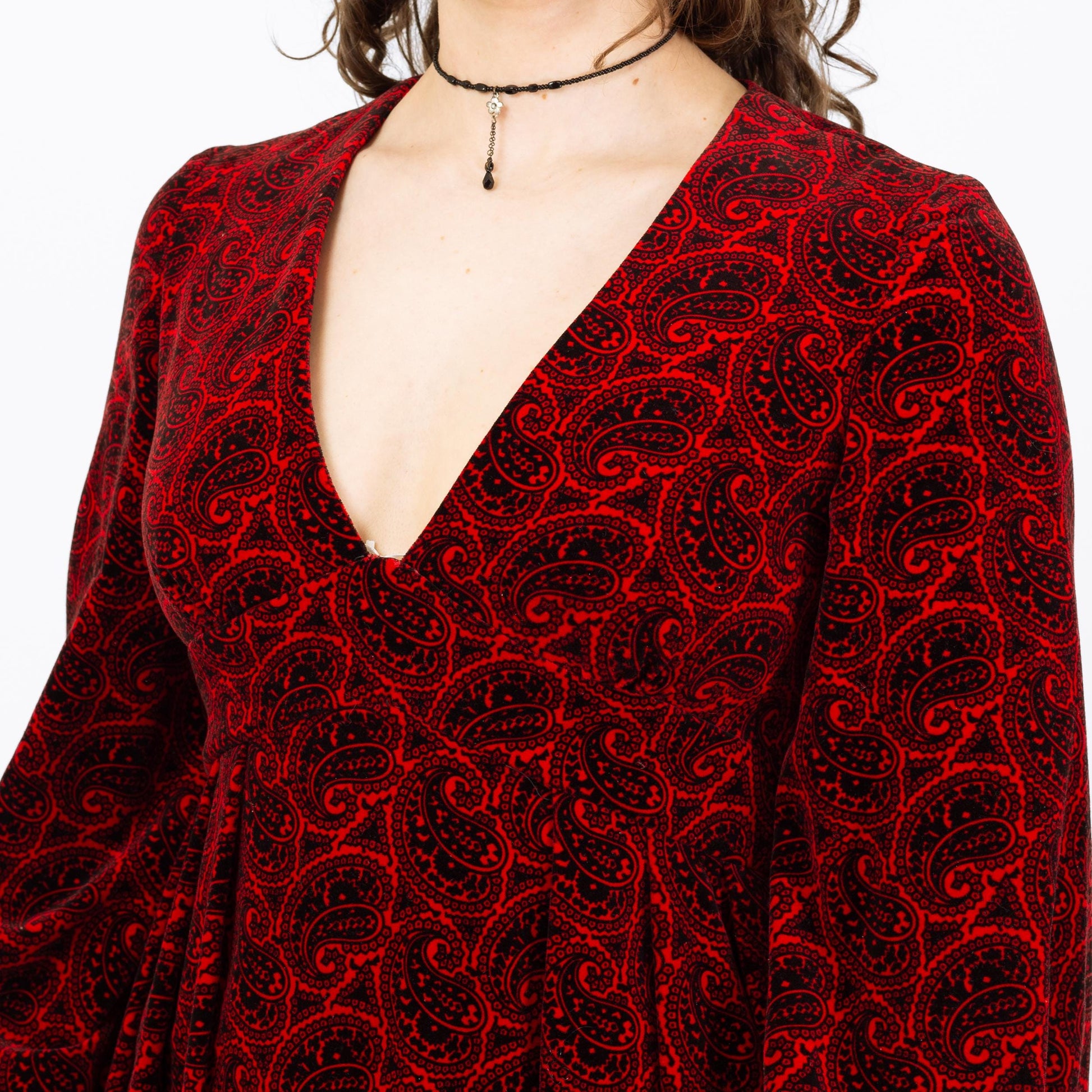 Vintage 70s Calderon Red & Black Paisley Velvet Maxi Dress - Medium | Gothic Mid Century Hostess Gown