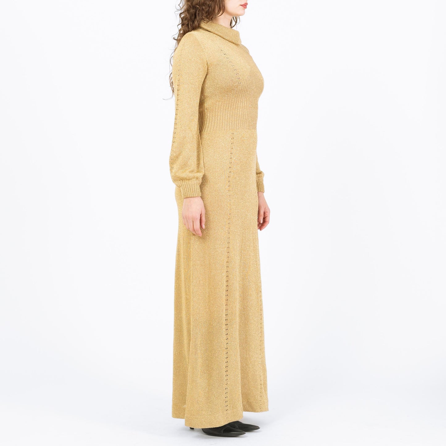 Vintage 70s Wenjilli Gold Lurex Maxi Dress - Medium | Long Sleeve Metallic Knit Formal Disco Gown