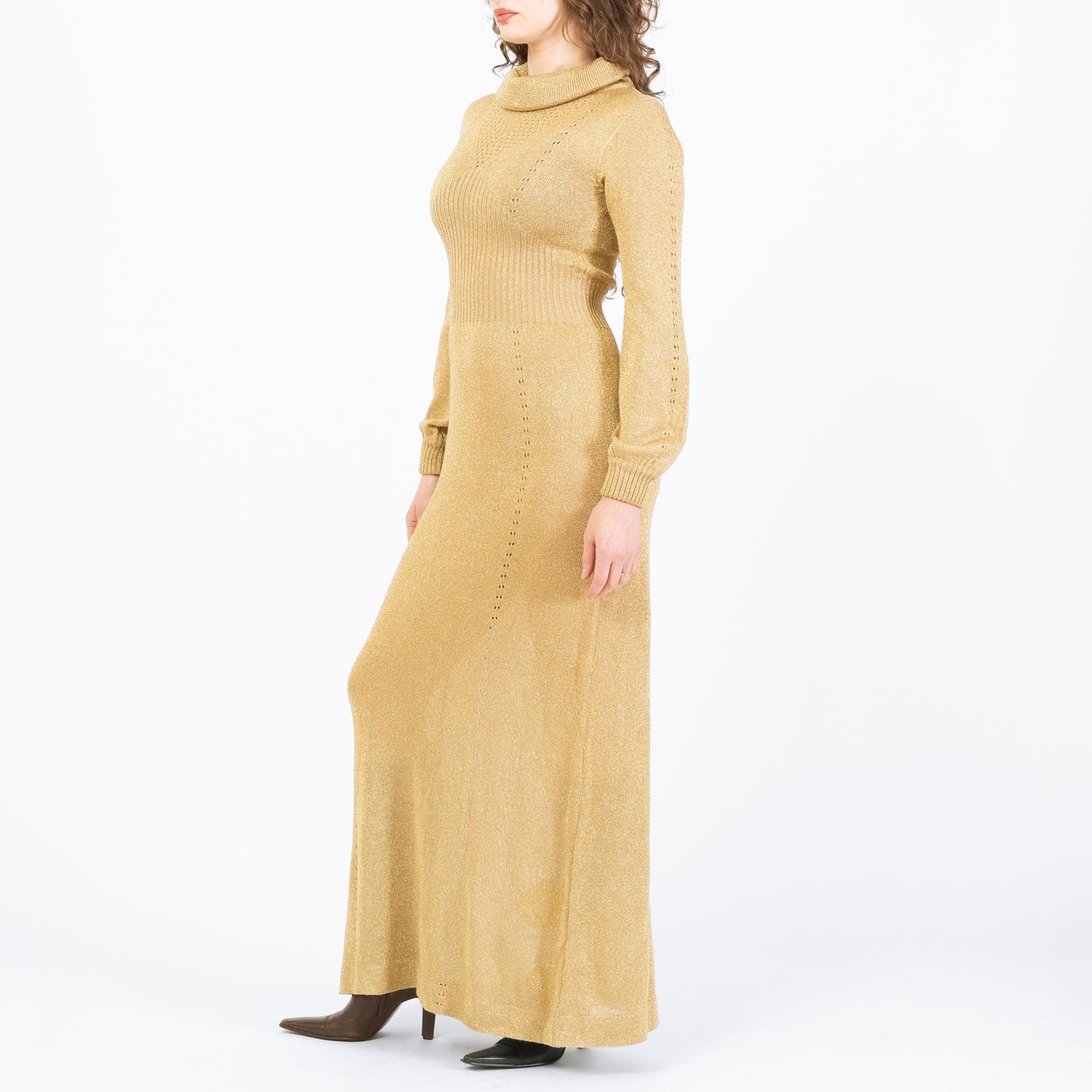 Vintage 70s Wenjilli Gold Lurex Maxi Dress - Medium | Long Sleeve Metallic Knit Formal Disco Gown