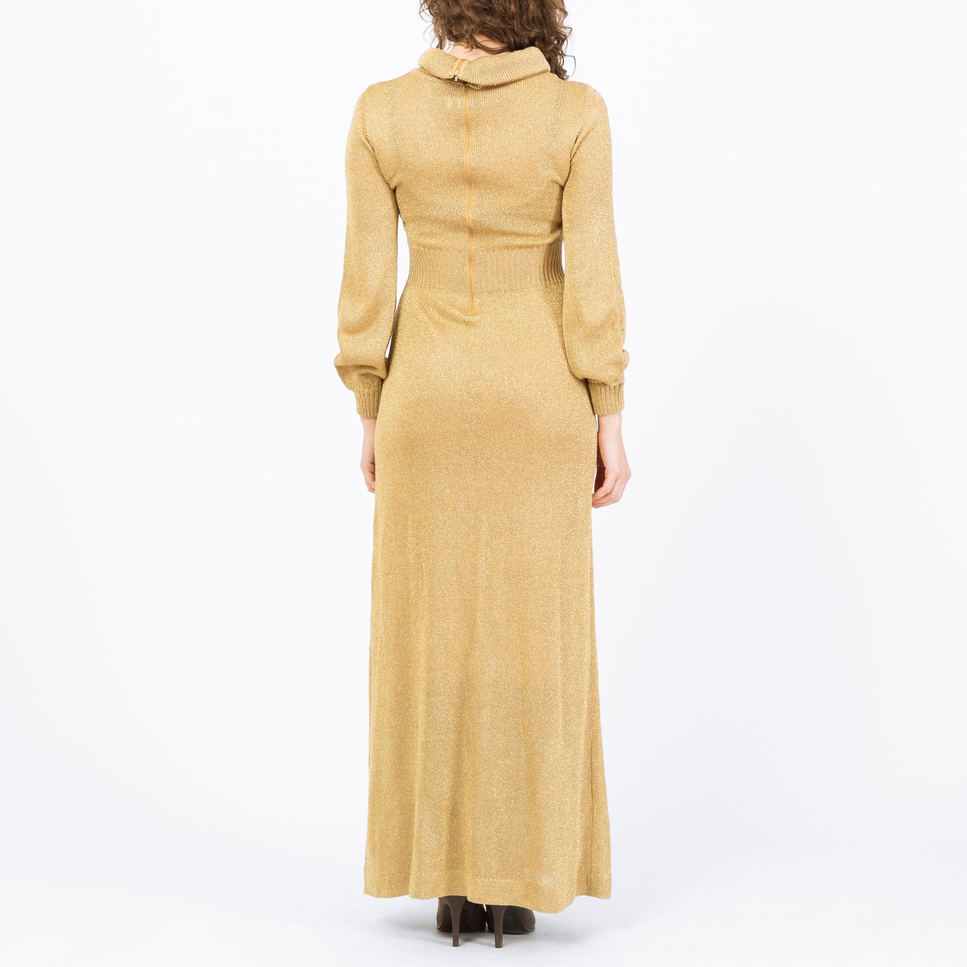 Vintage 70s Wenjilli Gold Lurex Maxi Dress - Medium | Long Sleeve Metallic Knit Formal Disco Gown