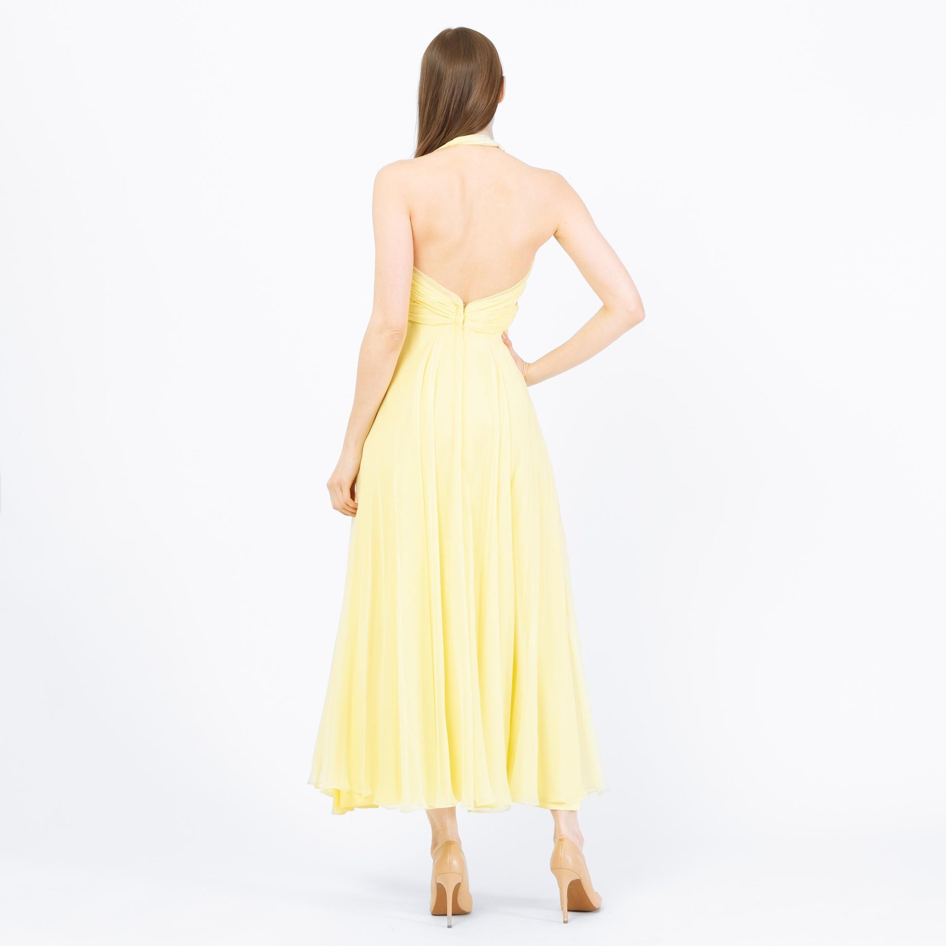 Vintage 70s Mike Benet Yellow Chiffon Halter Gown - Extra Small | Sequin Trim Formal Disco Prom Dress