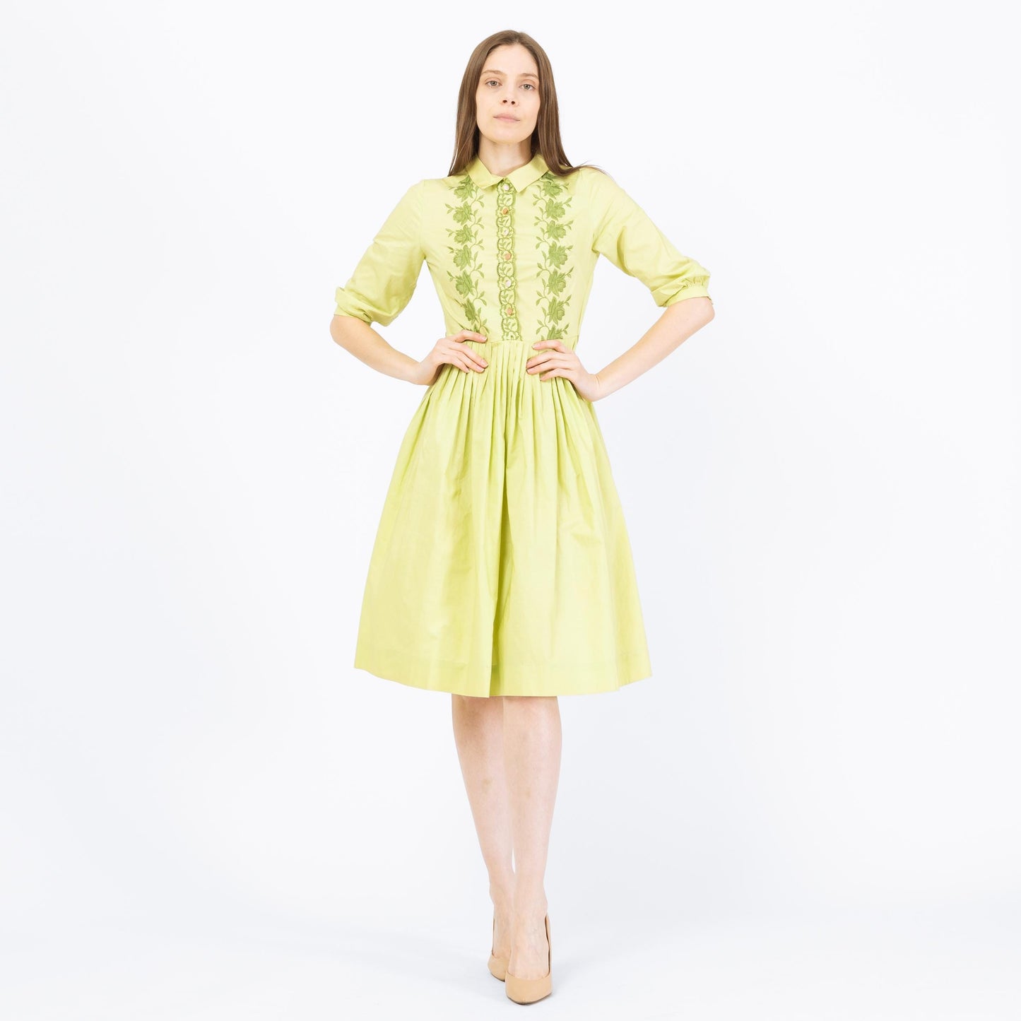 Vintage 50s Chartreuse Embroidered Fit & Flare Dress - Extra Small | Retro 1950s Floral Midi Shirtwaist Day Dress