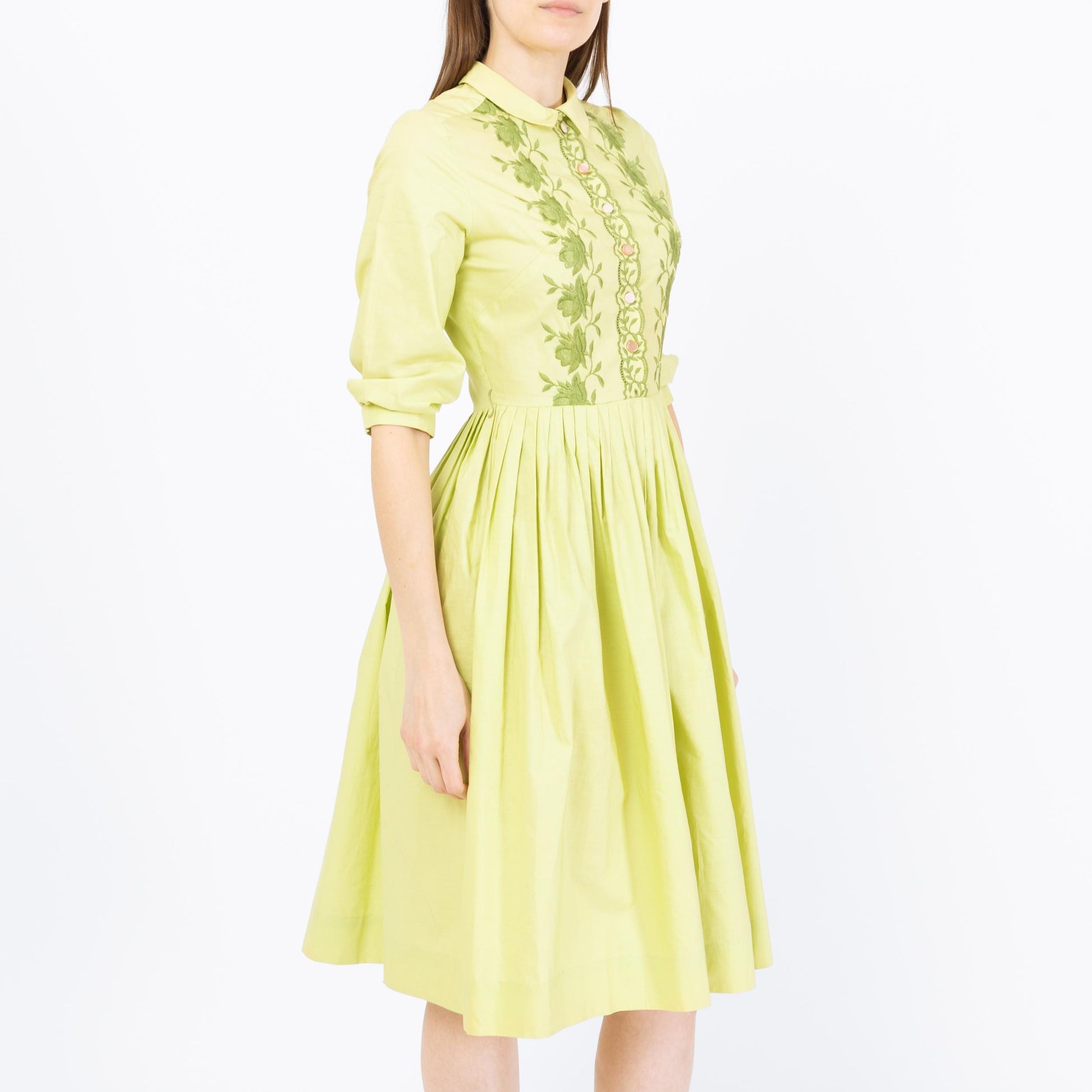 Vintage 50s Chartreuse Embroidered Fit & Flare Dress - Extra Small | Retro 1950s Floral Midi Shirtwaist Day Dress