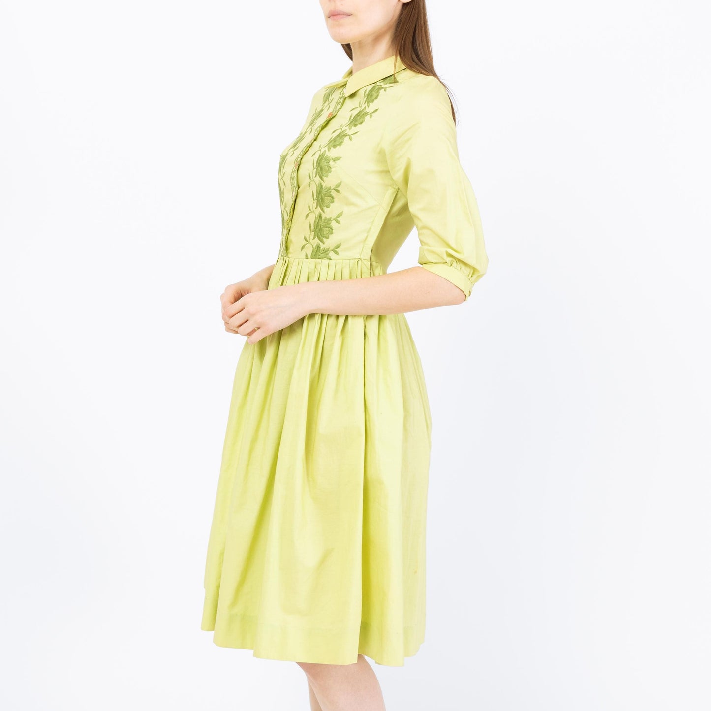 Vintage 50s Chartreuse Embroidered Fit & Flare Dress - Extra Small | Retro 1950s Floral Midi Shirtwaist Day Dress