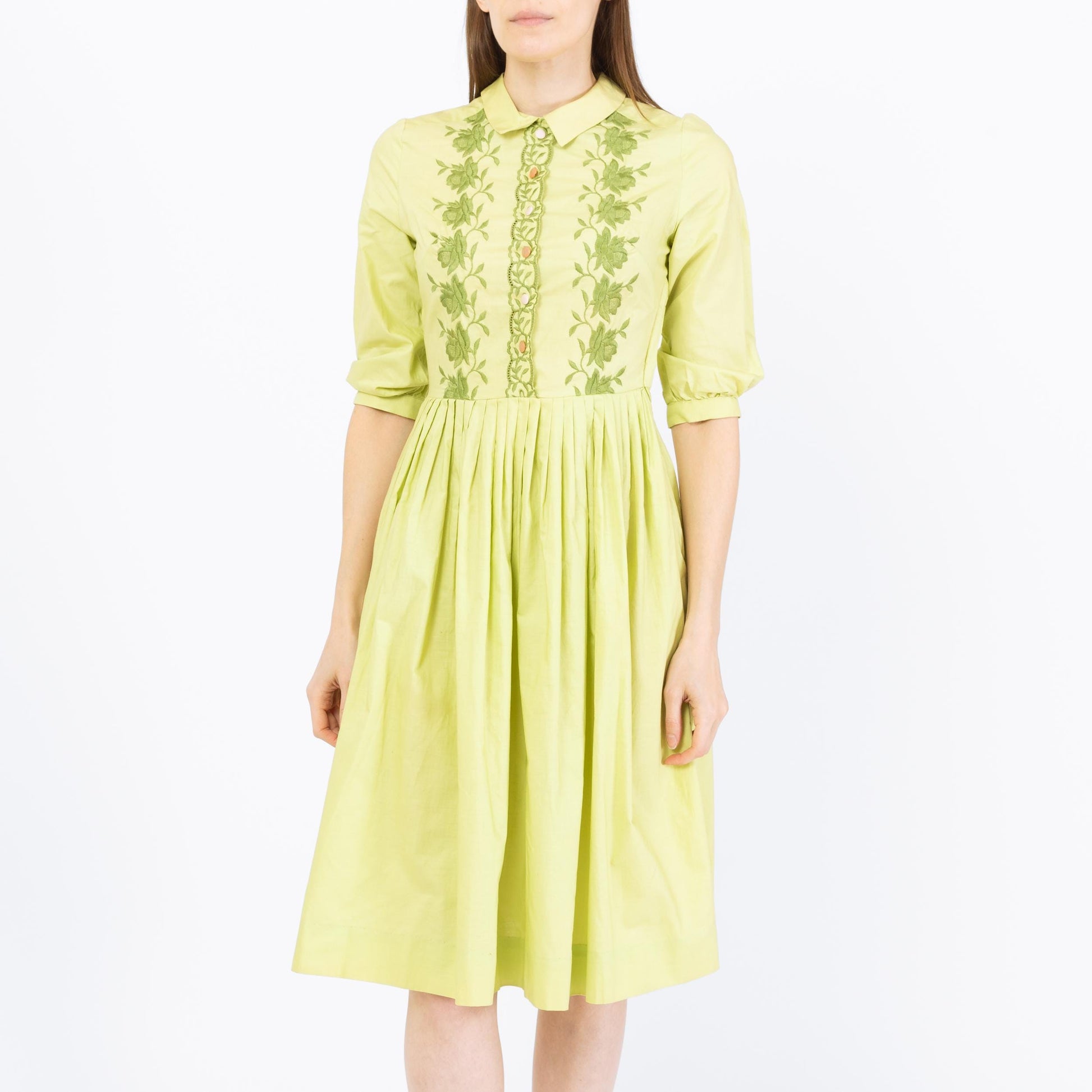 Vintage 50s Chartreuse Embroidered Fit & Flare Dress - Extra Small | Retro 1950s Floral Midi Shirtwaist Day Dress
