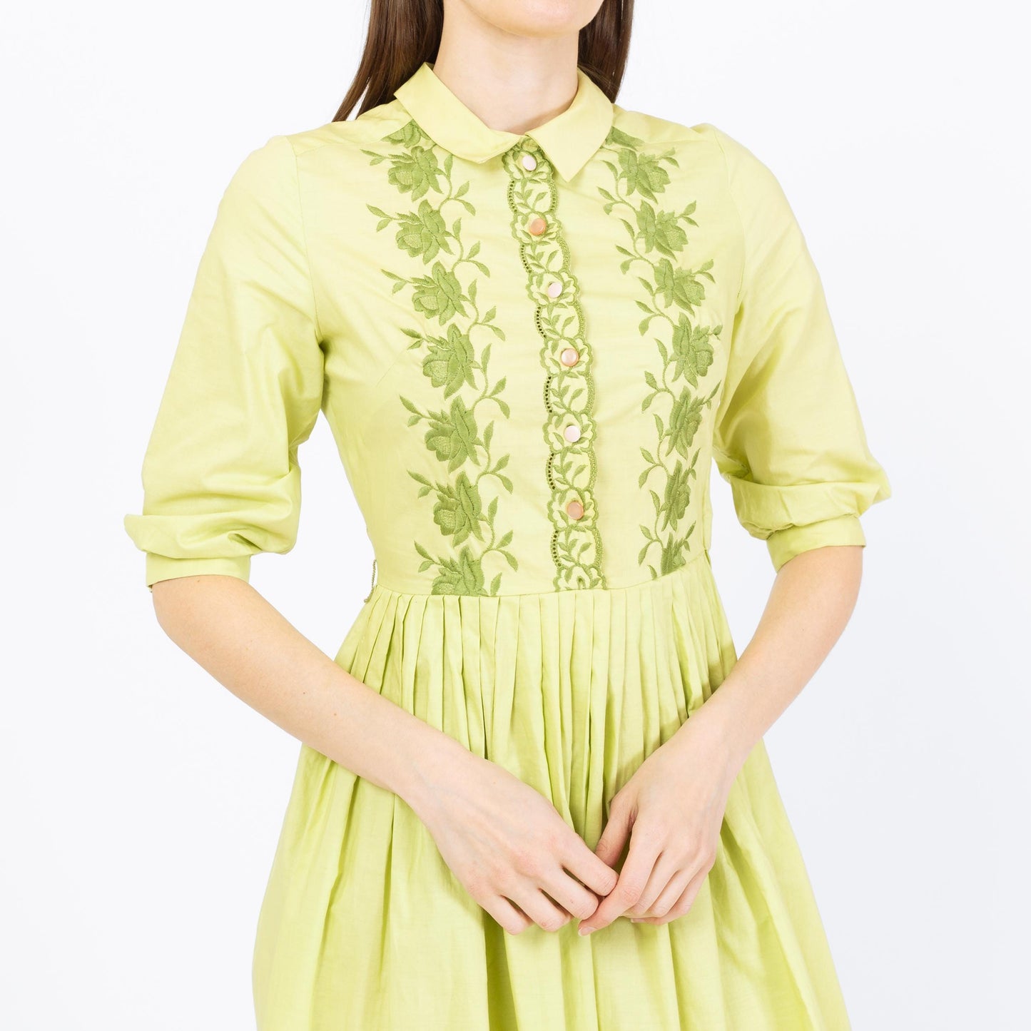 Vintage 50s Chartreuse Embroidered Fit & Flare Dress - Extra Small | Retro 1950s Floral Midi Shirtwaist Day Dress