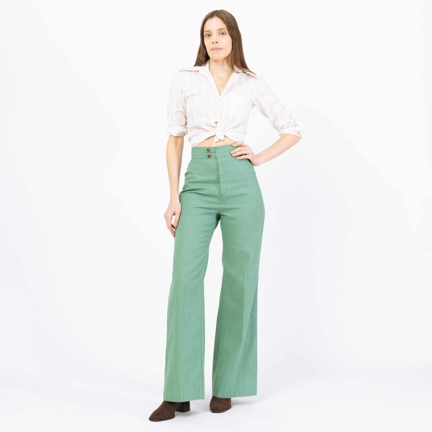 Vintage 70s Levi's Mint Green Flared Pants - Small, 26" Waist | High Rise Yoked Bell Bottoms