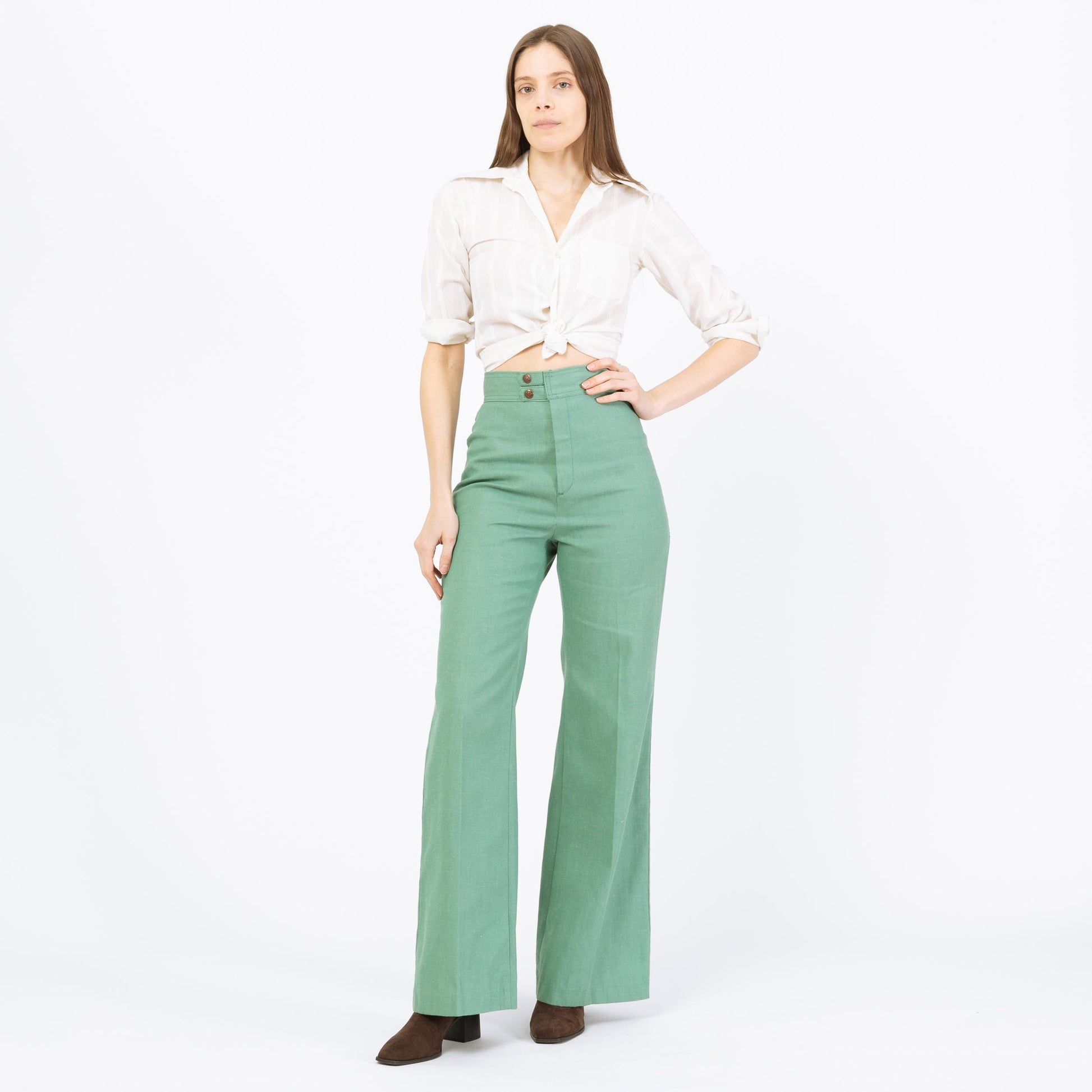 Vintage 70s Levi's Mint Green Flared Pants - Small, 26" Waist | High Rise Yoked Bell Bottoms