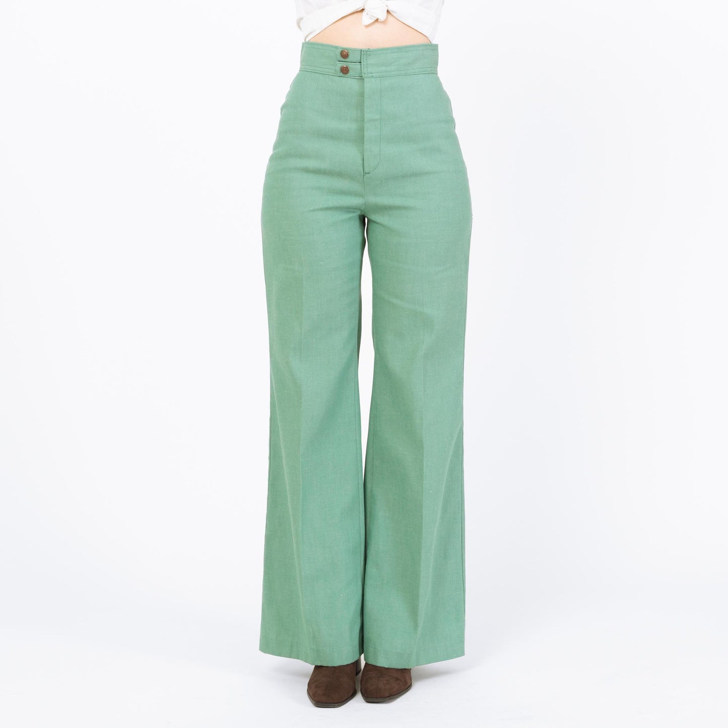 Vintage 70s Levi's Mint Green Flared Pants - Small, 26" Waist | High Rise Yoked Bell Bottoms