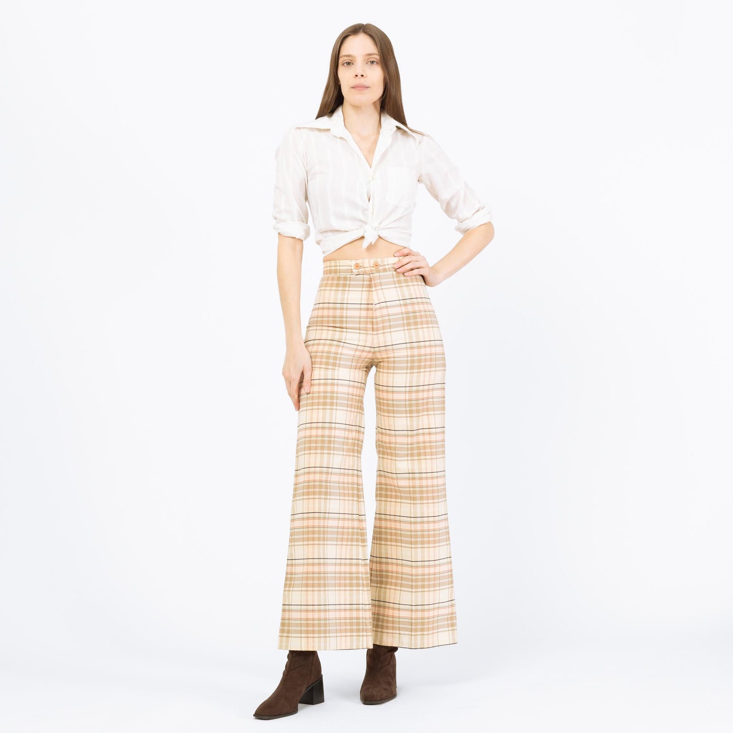 Vintage 70s Plaid Flared Pants - Extra Small, 26" Waist | High Rise Bell Bottoms