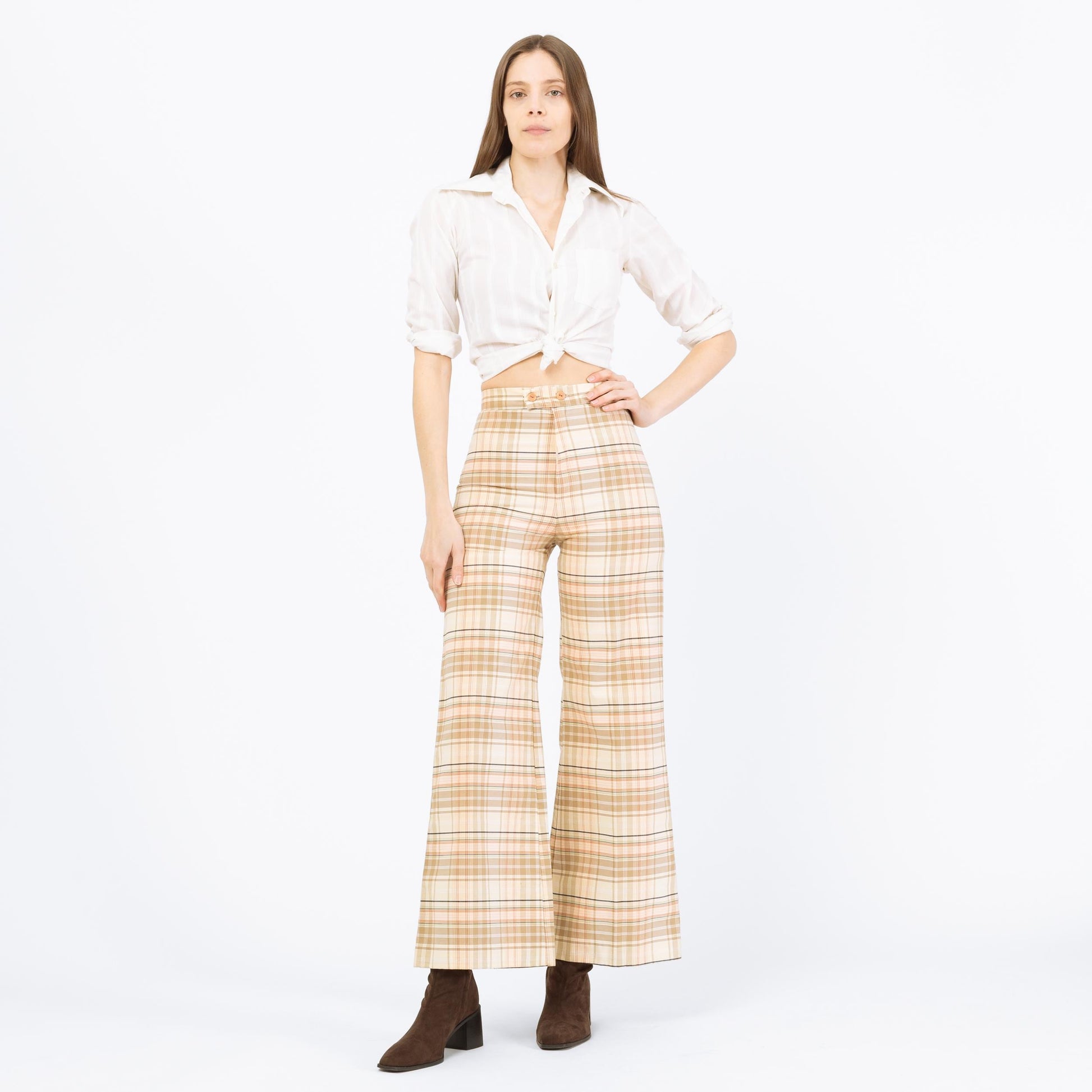 Vintage 70s Plaid Flared Pants - Extra Small, 26" Waist | High Rise Bell Bottoms