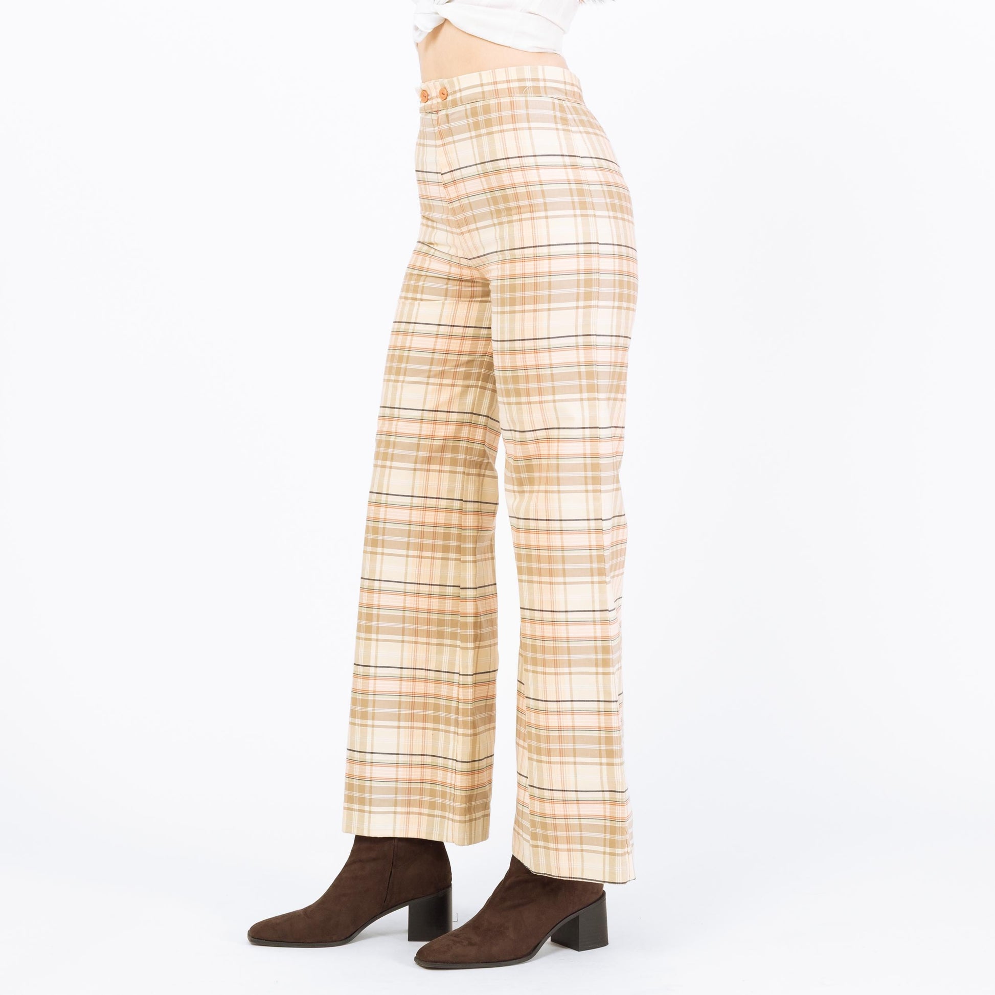 Vintage 70s Plaid Flared Pants - Extra Small, 26" Waist | High Rise Bell Bottoms