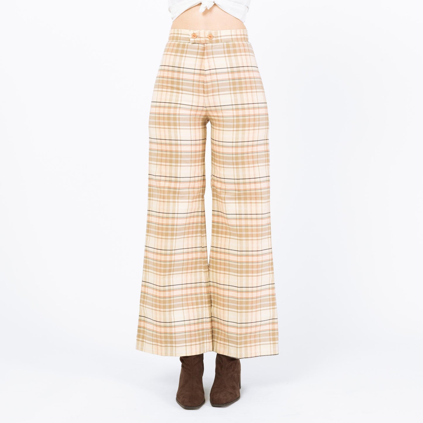 Vintage 70s Plaid Flared Pants - Extra Small, 26" Waist | High Rise Bell Bottoms