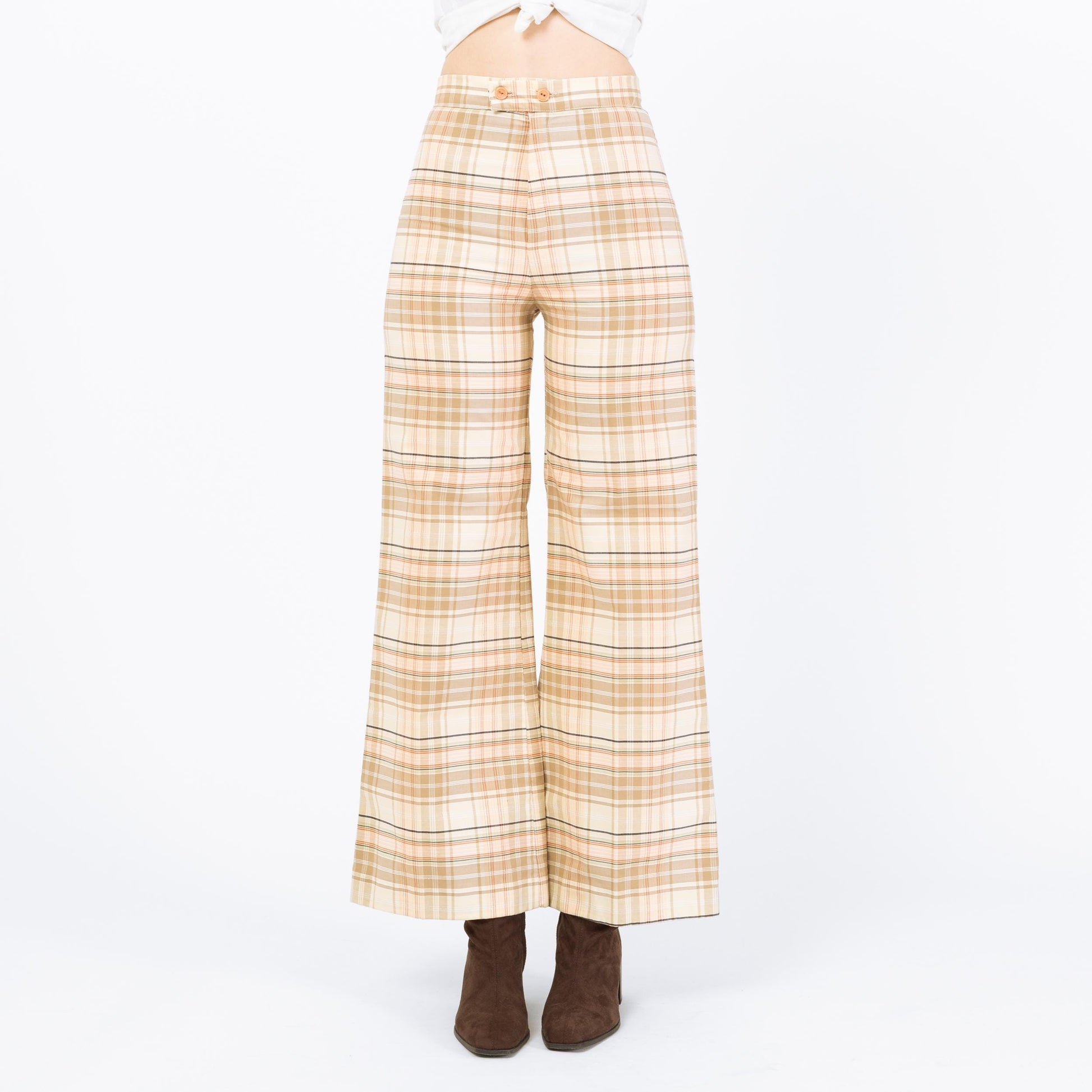 Vintage 70s Plaid Flared Pants - Extra Small, 26" Waist | High Rise Bell Bottoms