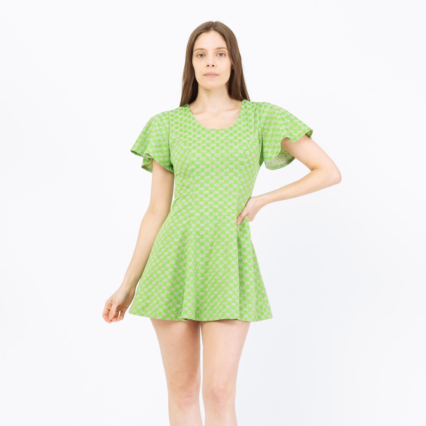Vintage 70s Green Op Art Flutter Sleeve Mini Dress - Petite Small | Fit & Flare Mod Micro Mini Dress