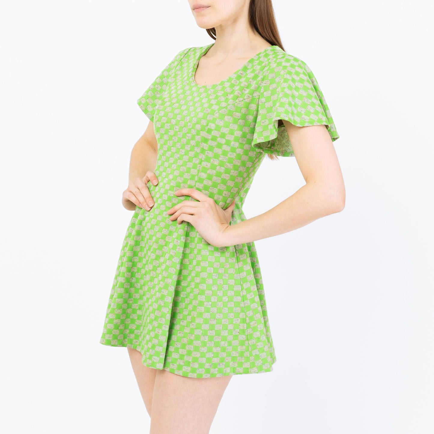Vintage 70s Green Op Art Flutter Sleeve Mini Dress - Petite Small | Fit & Flare Mod Micro Mini Dress