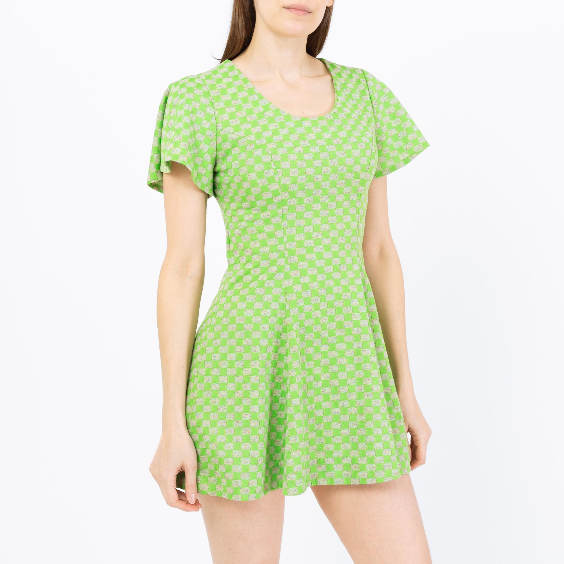 Vintage 70s Green Op Art Flutter Sleeve Mini Dress - Petite Small | Fit & Flare Mod Micro Mini Dress