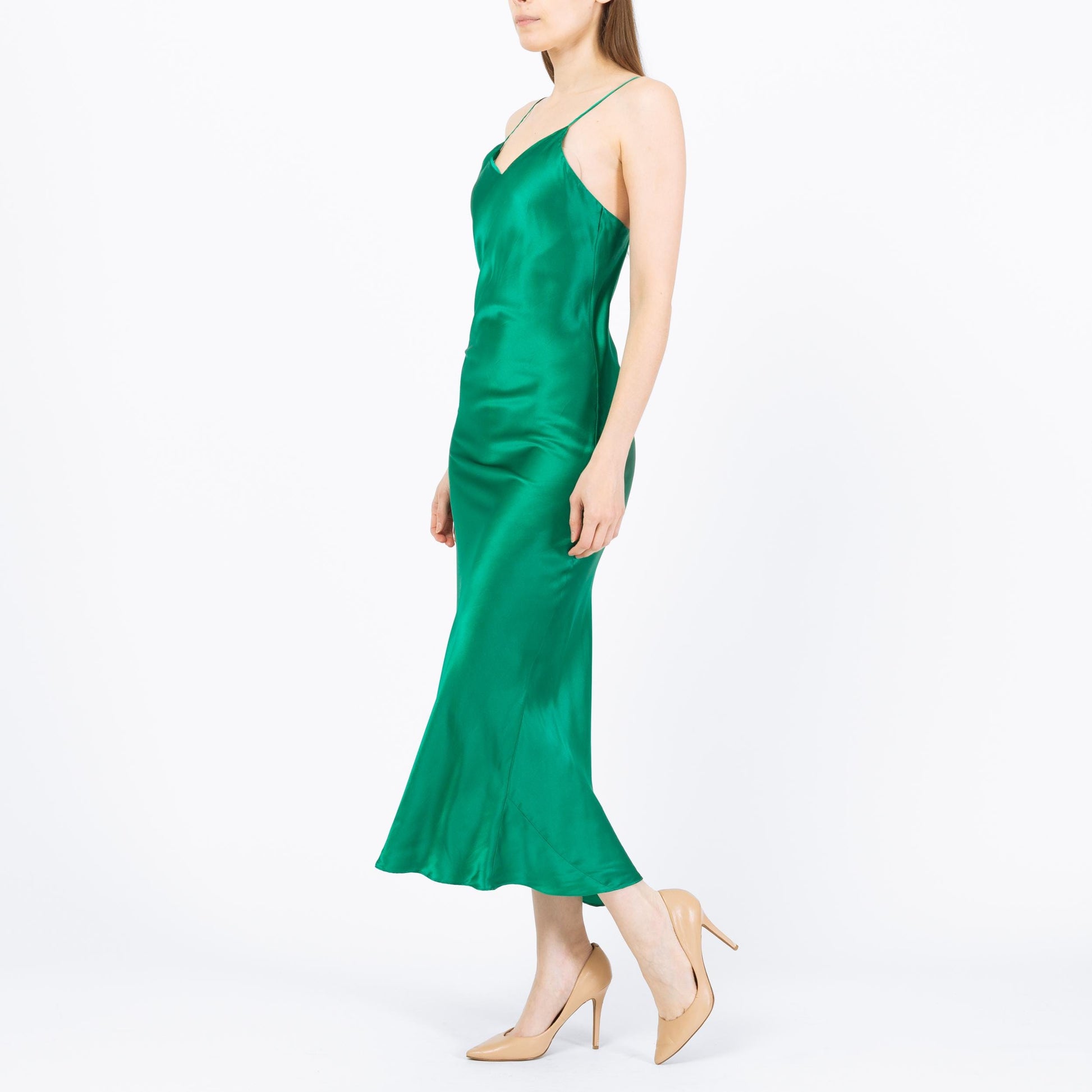 Vintage 90s Victoria's Secret Jade Green Liquid Silk Slip Dress - Extra Small | Low Back Lingerie Satin Chemise Midi Nightie