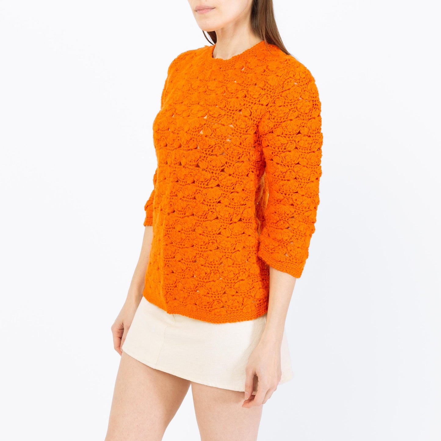 Vintage 70s Orange Floral Crochet Sweater Top - XS to Small | Retro Wool Knit 3/4 Sleeve Hippie Shirt
