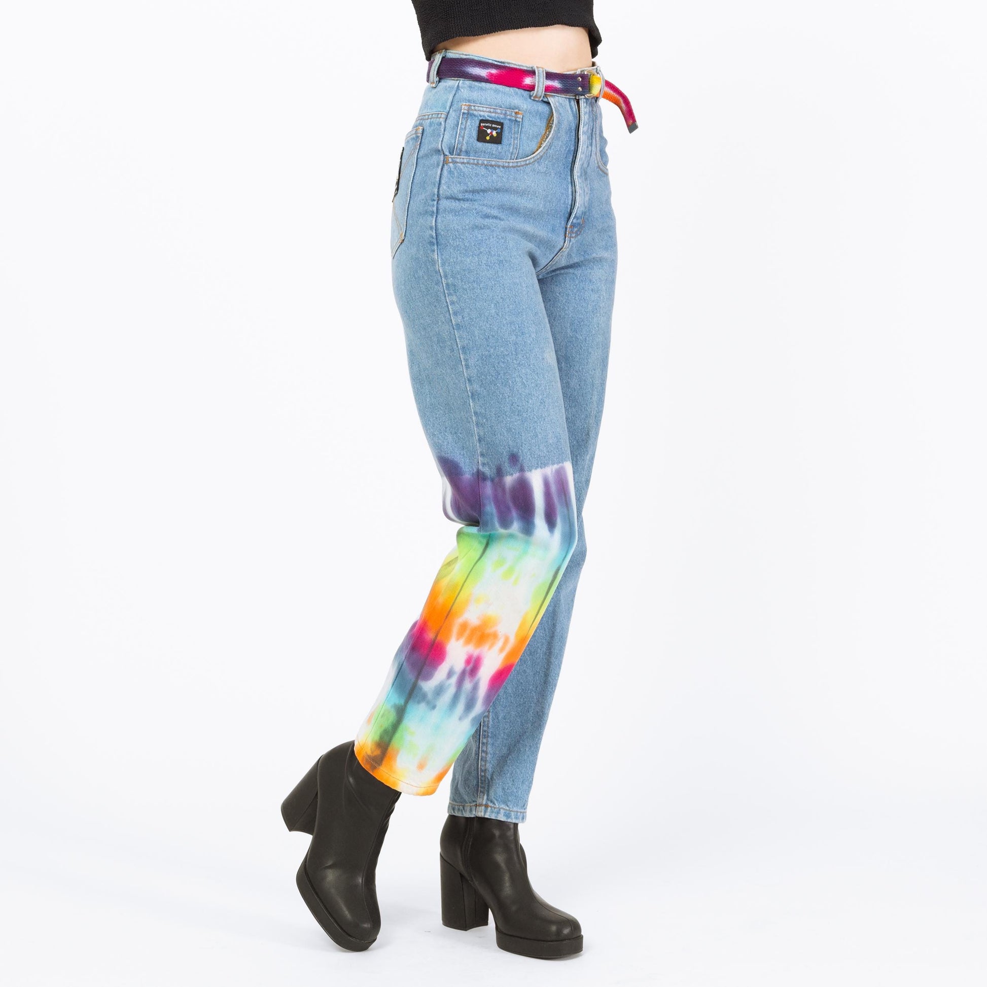 Vintage 90s High Waisted Rainbow Tie Dye Jeans - Extra Small, 25" Waist | Belted Faded Blue Jeans