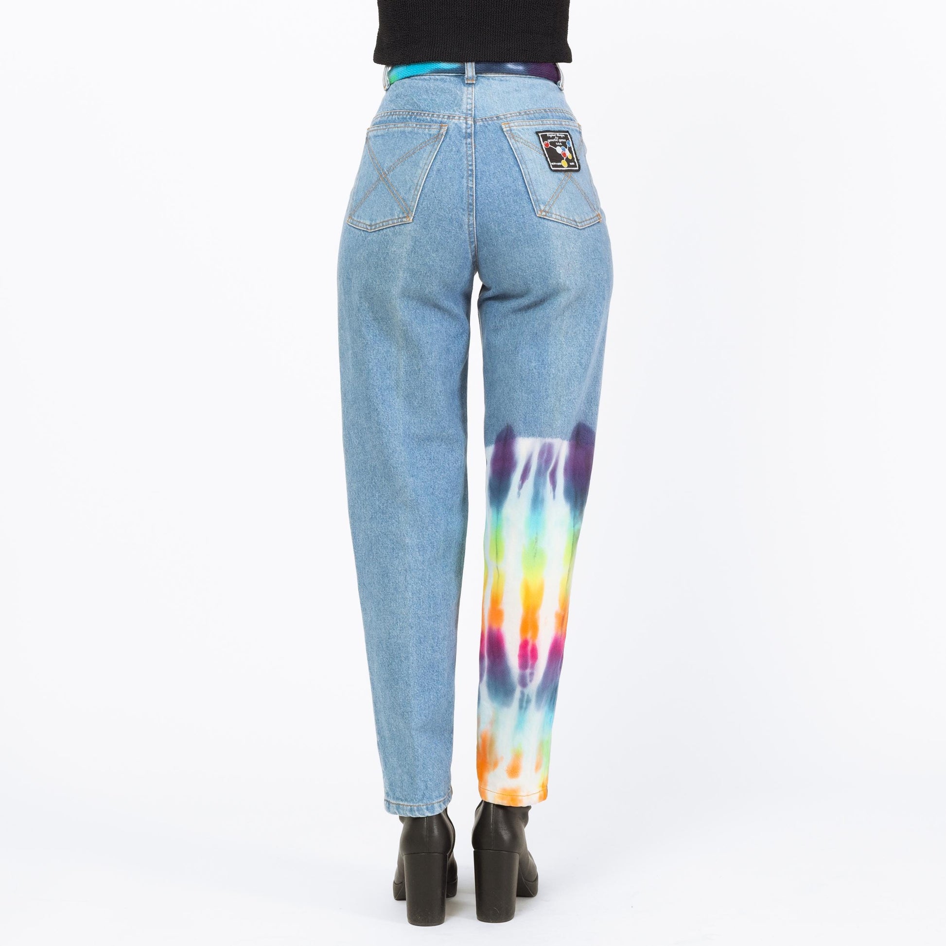 Vintage 90s High Waisted Rainbow Tie Dye Jeans - Extra Small, 25" Waist | Belted Faded Blue Jeans