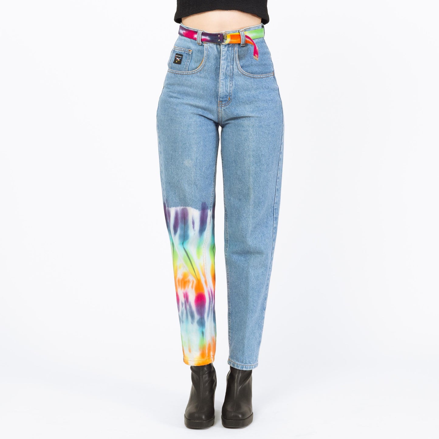 Vintage 90s High Waisted Rainbow Tie Dye Jeans - Extra Small, 25" Waist | Belted Faded Blue Jeans