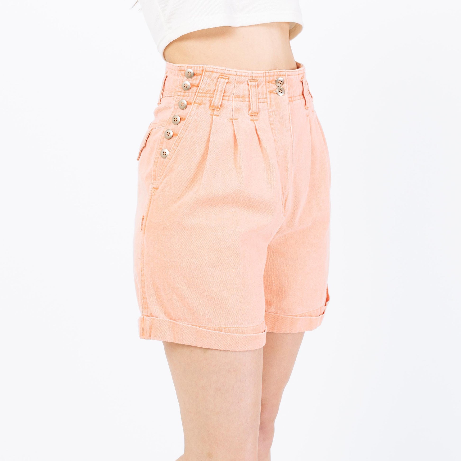 Vintage 80s Peach Button & Zipper Jean Shorts - Extra Small, 25" Waist | Pastel Orange High Waisted Pleated Shorts