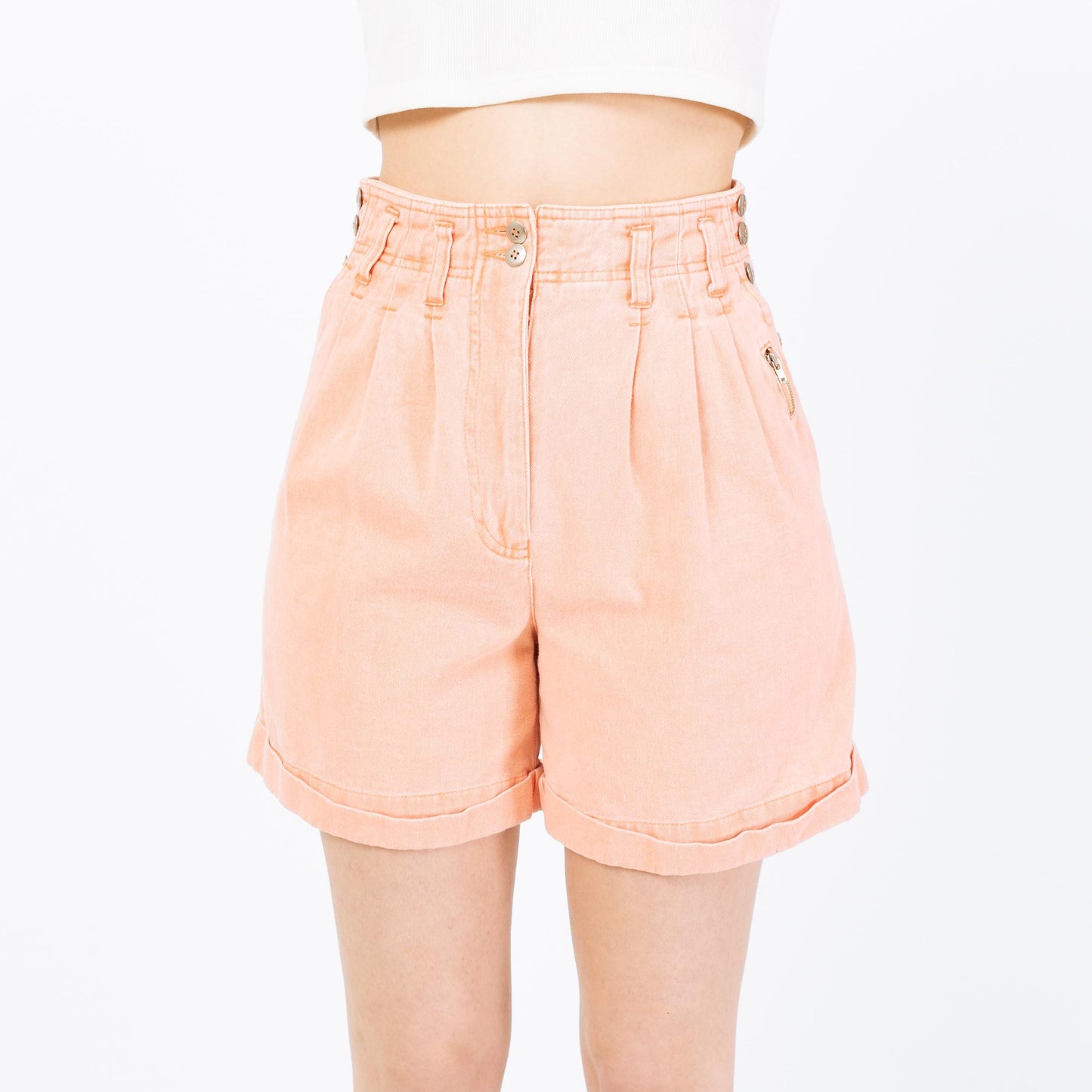 Vintage 80s Peach Button & Zipper Jean Shorts - Extra Small, 25" Waist | Pastel Orange High Waisted Pleated Shorts