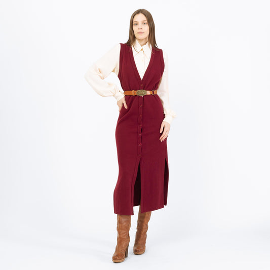Vintage 90s Wine Red Pinafore Maxi Dress - Small | Sleeveless Button Front Column Dress