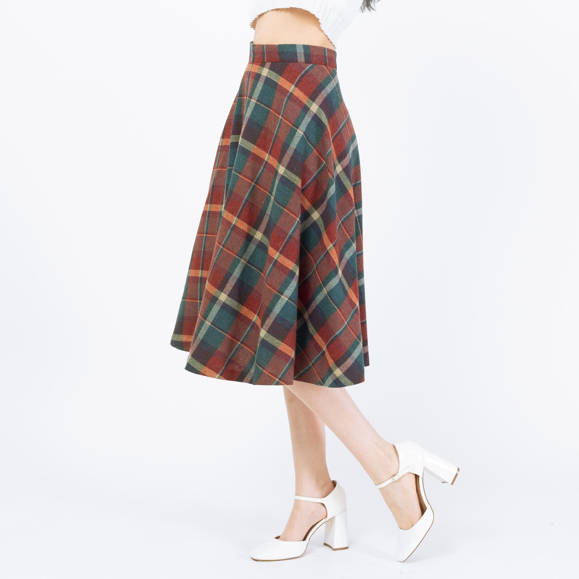 Vintage 70s Teal & Orange Plaid Schoolgirl Midi Skirt - Small, 26" Waist | A Line High Waisted Academia Wool Skirt