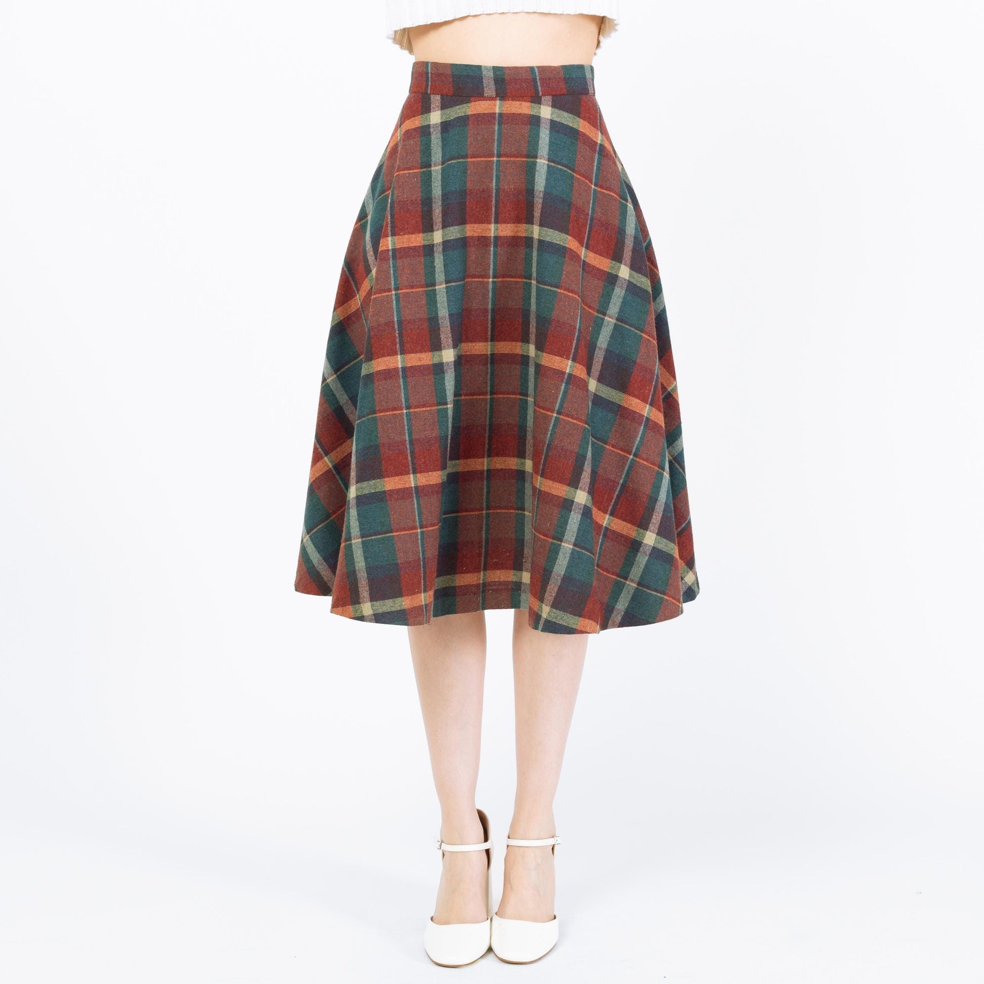 Vintage 70s Teal & Orange Plaid Schoolgirl Midi Skirt - Small, 26" Waist | A Line High Waisted Academia Wool Skirt