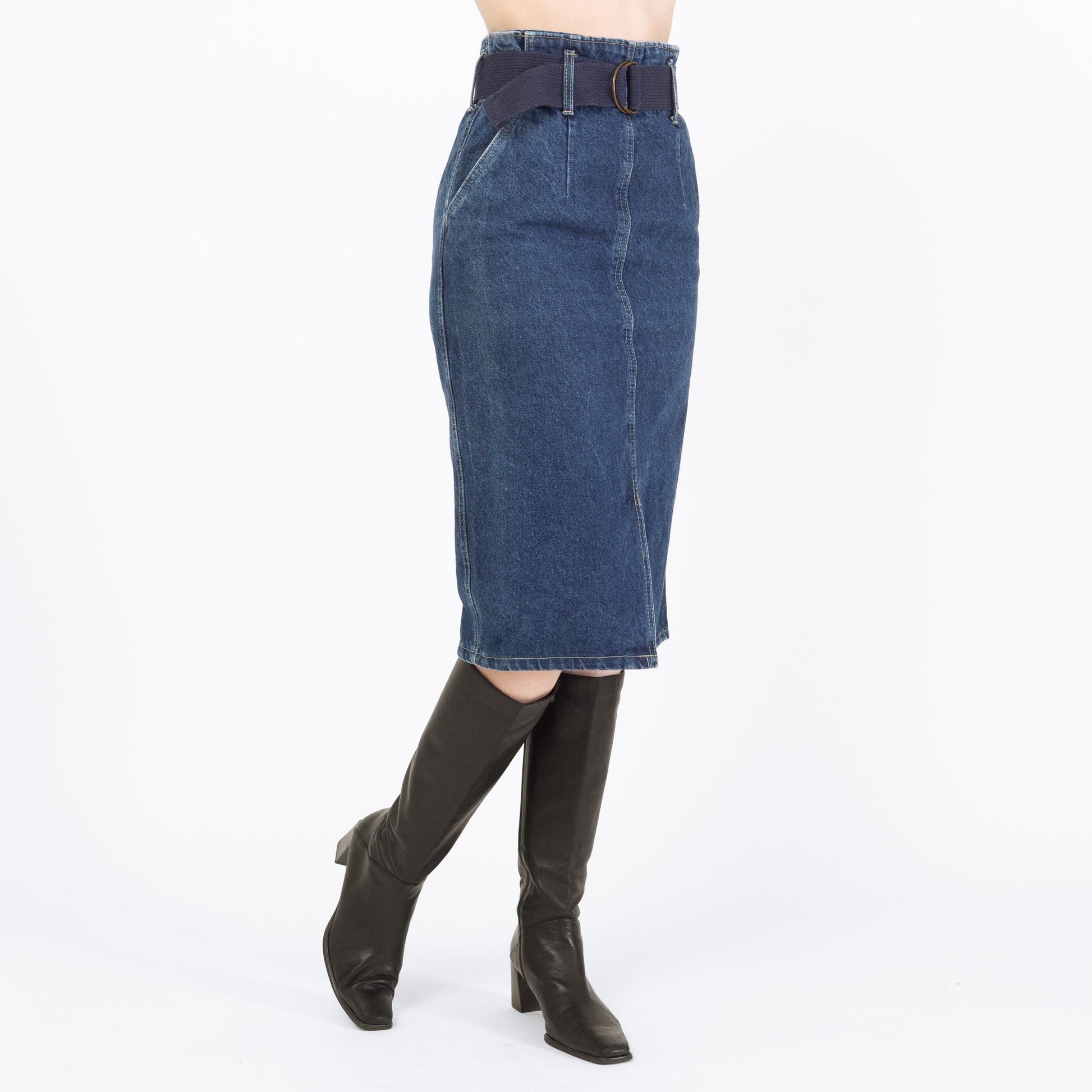 Vintage 80s Belted Denim Pencil Skirt - Small, 26"-27" Waist | Chic Dark Wash Blue Jean Midi Skirt