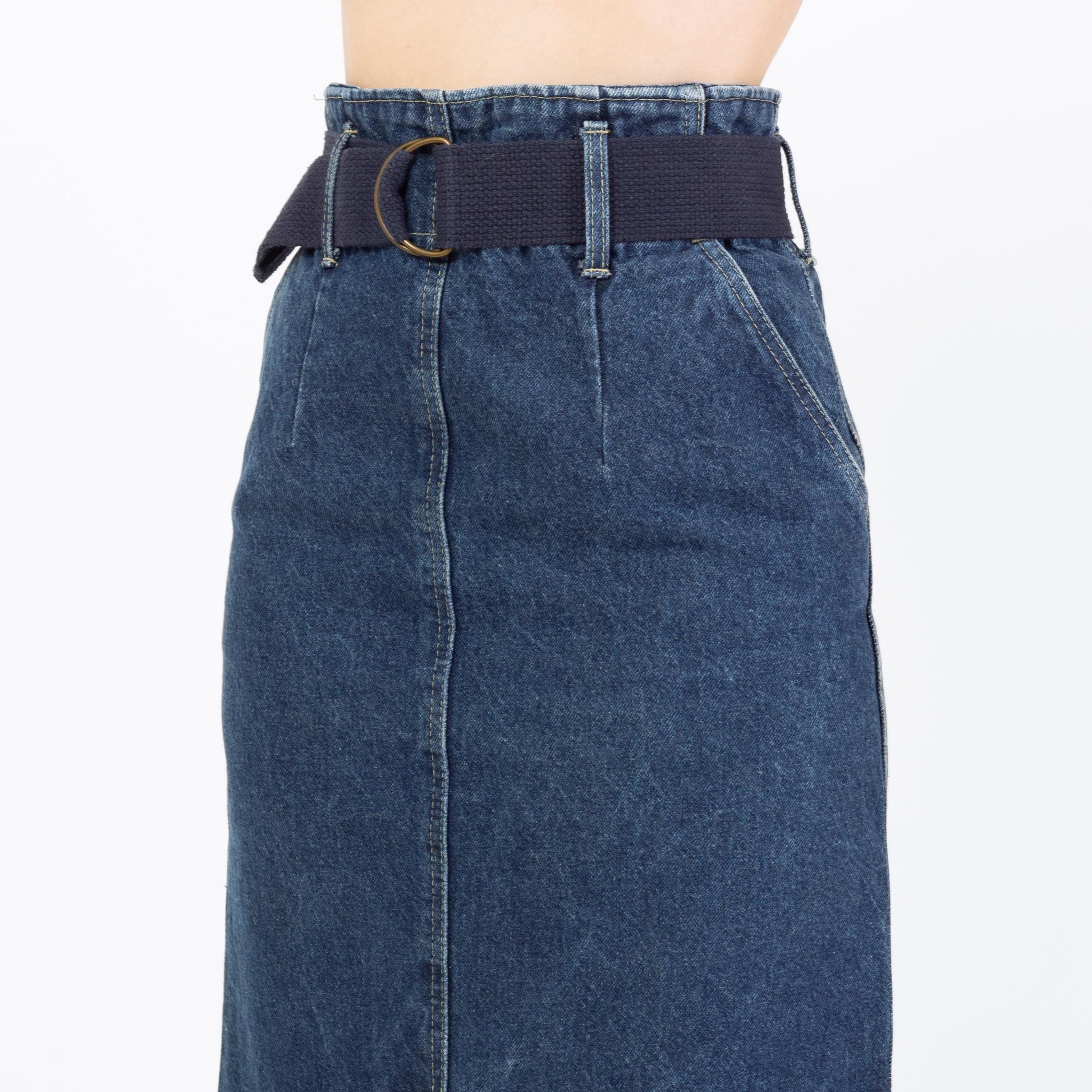 Vintage 80s Belted Denim Pencil Skirt - Small, 26"-27" Waist | Chic Dark Wash Blue Jean Midi Skirt