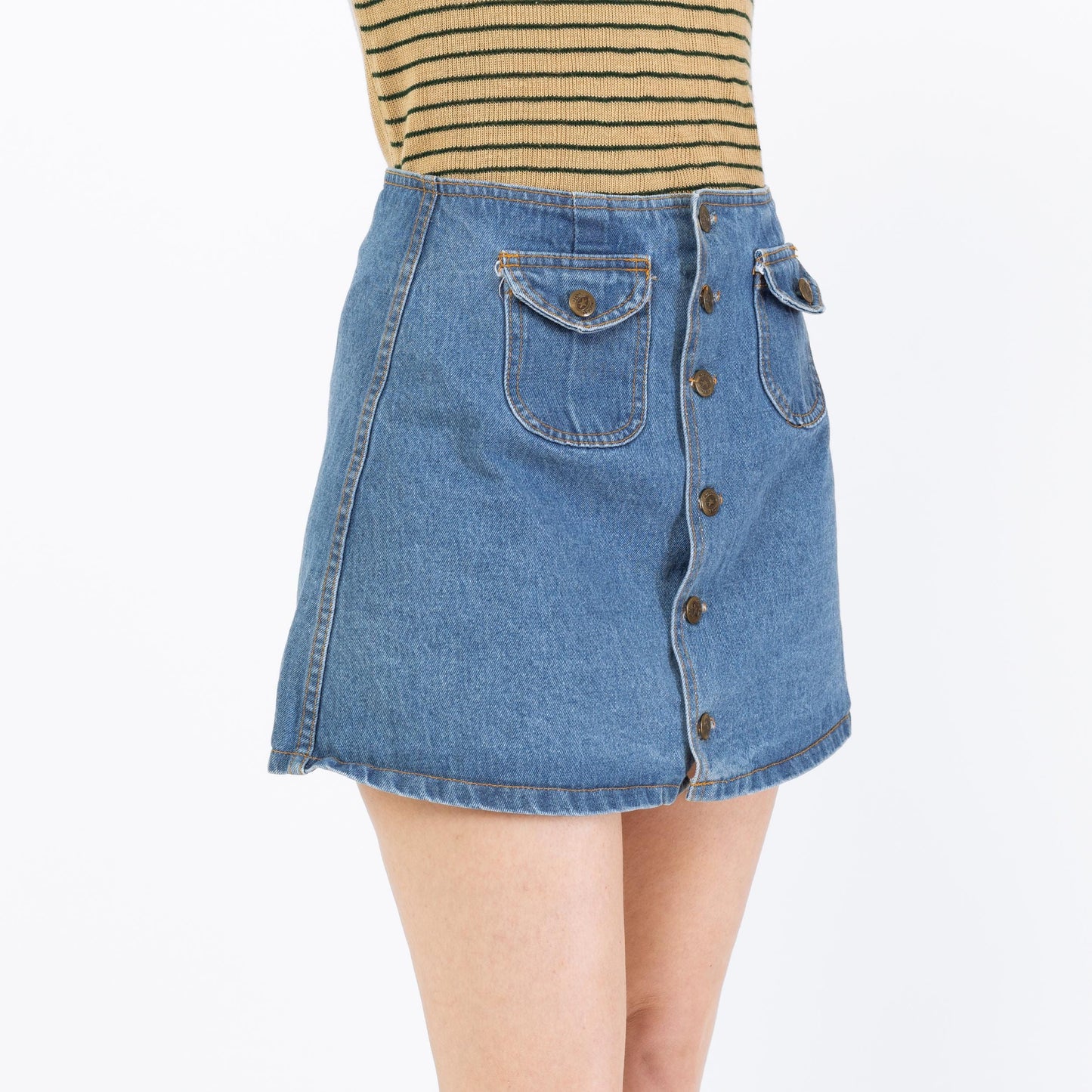 Vintage 90s Denim Button Front Mini Skirt - Small, 27" Waist | High Waisted A Line Blue Jean Skirt
