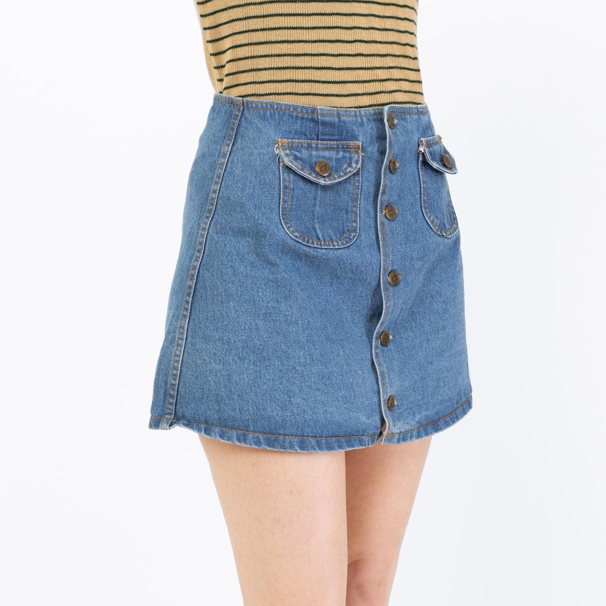 Vintage 90s Denim Button Front Mini Skirt - Small, 27" Waist | High Waisted A Line Blue Jean Skirt