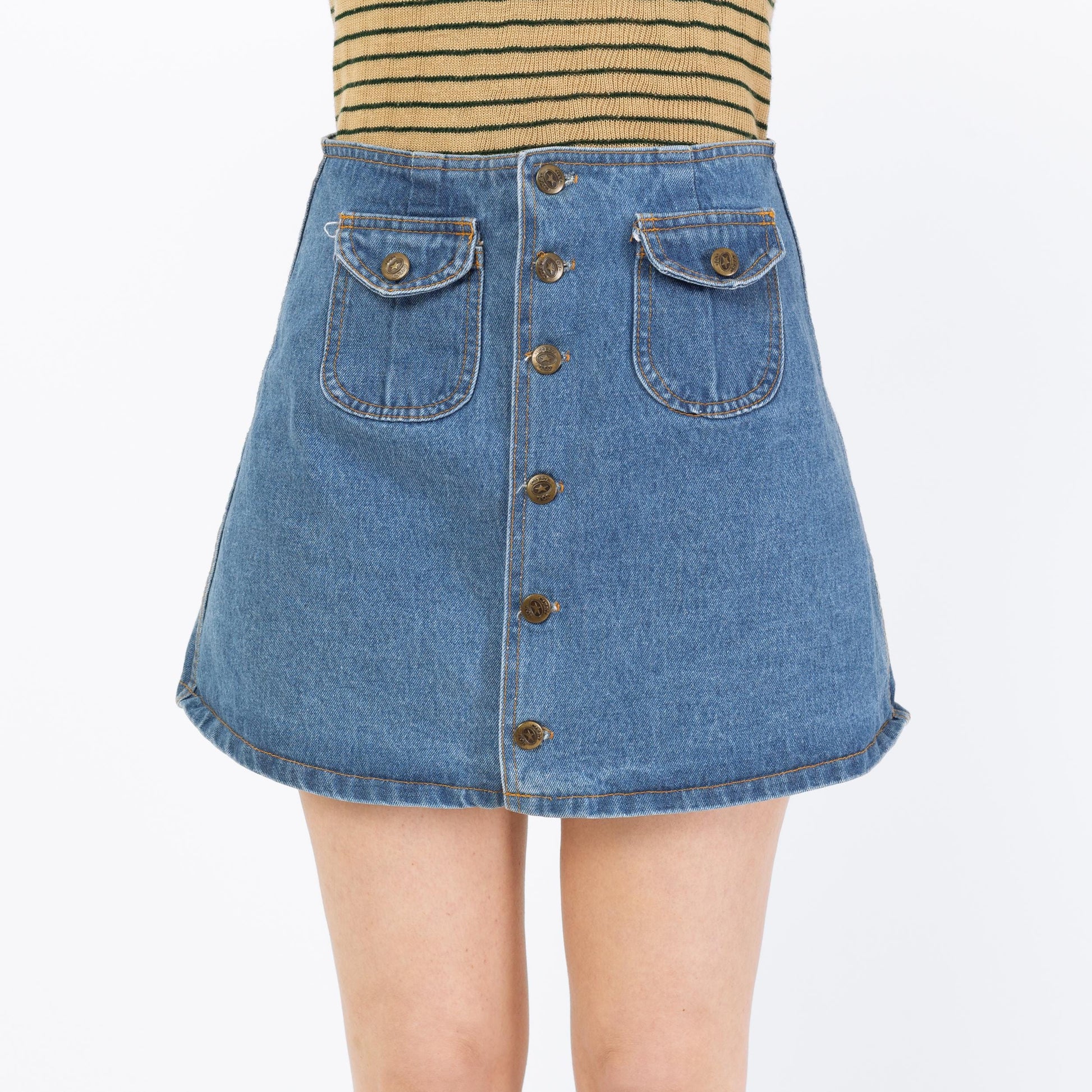 Vintage 90s Denim Button Front Mini Skirt - Small, 27" Waist | High Waisted A Line Blue Jean Skirt